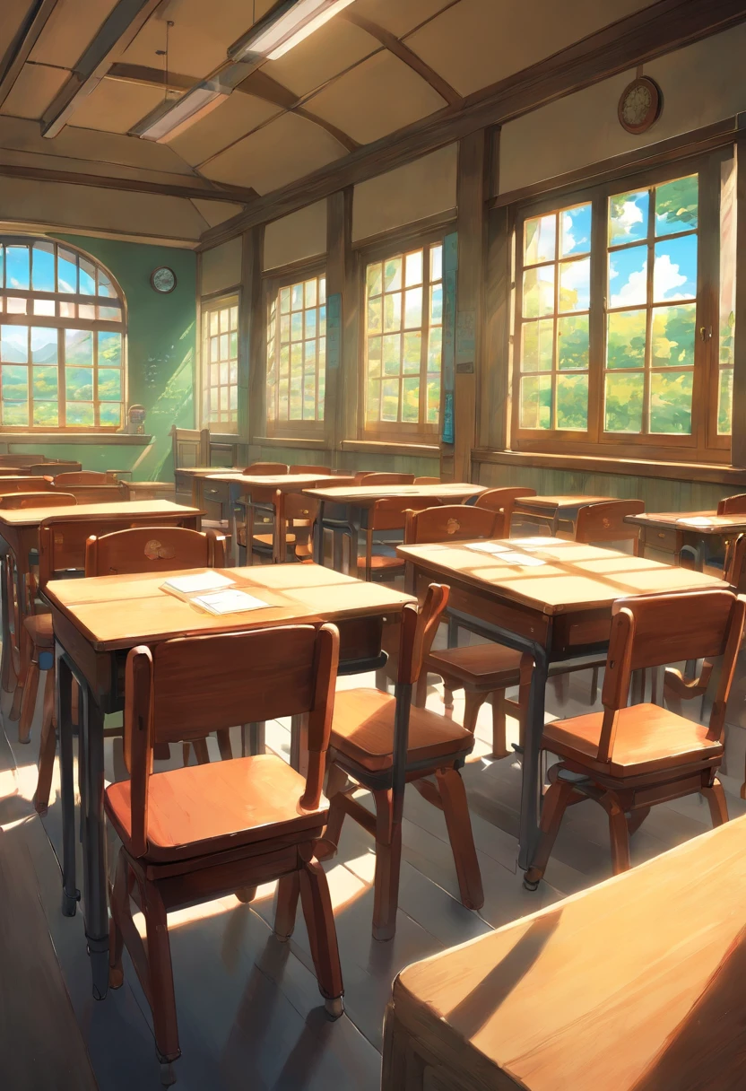 Part of a school classroom、platform chalk board、Install student chairs、light coming through the window