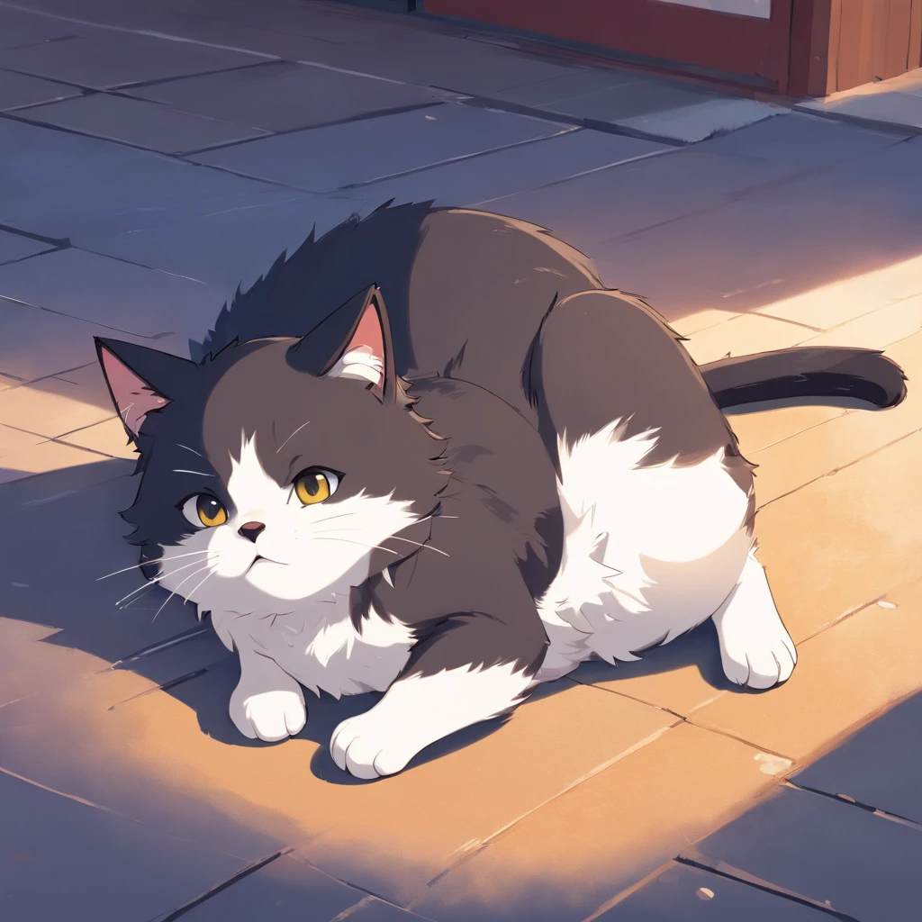 Cute isometric cat emoticon, tuxedo jack, black and white cat, Fluffy and cute, Kitten curled up on the ground