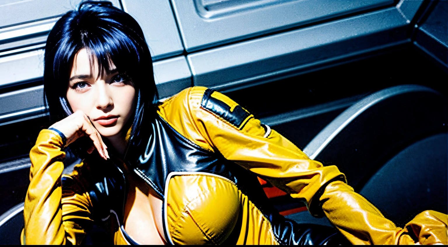 cecile croomy, , cleavage, breasts, breasts out, breast grab, smile solo, 1girl, (masterpiece, best quality, ultra-detailed), (realistic:1.4), (beautiful detailed face, beautiful detailed eyes, volumetric lighting), (short hair, sidelocks, ears visible through hair), full-face blush, grey eyes, pilot suit, bodysuit, ((yellow dress)), mksks style, beautiful background, spacecraft interior, ((blue hair)), short hair,