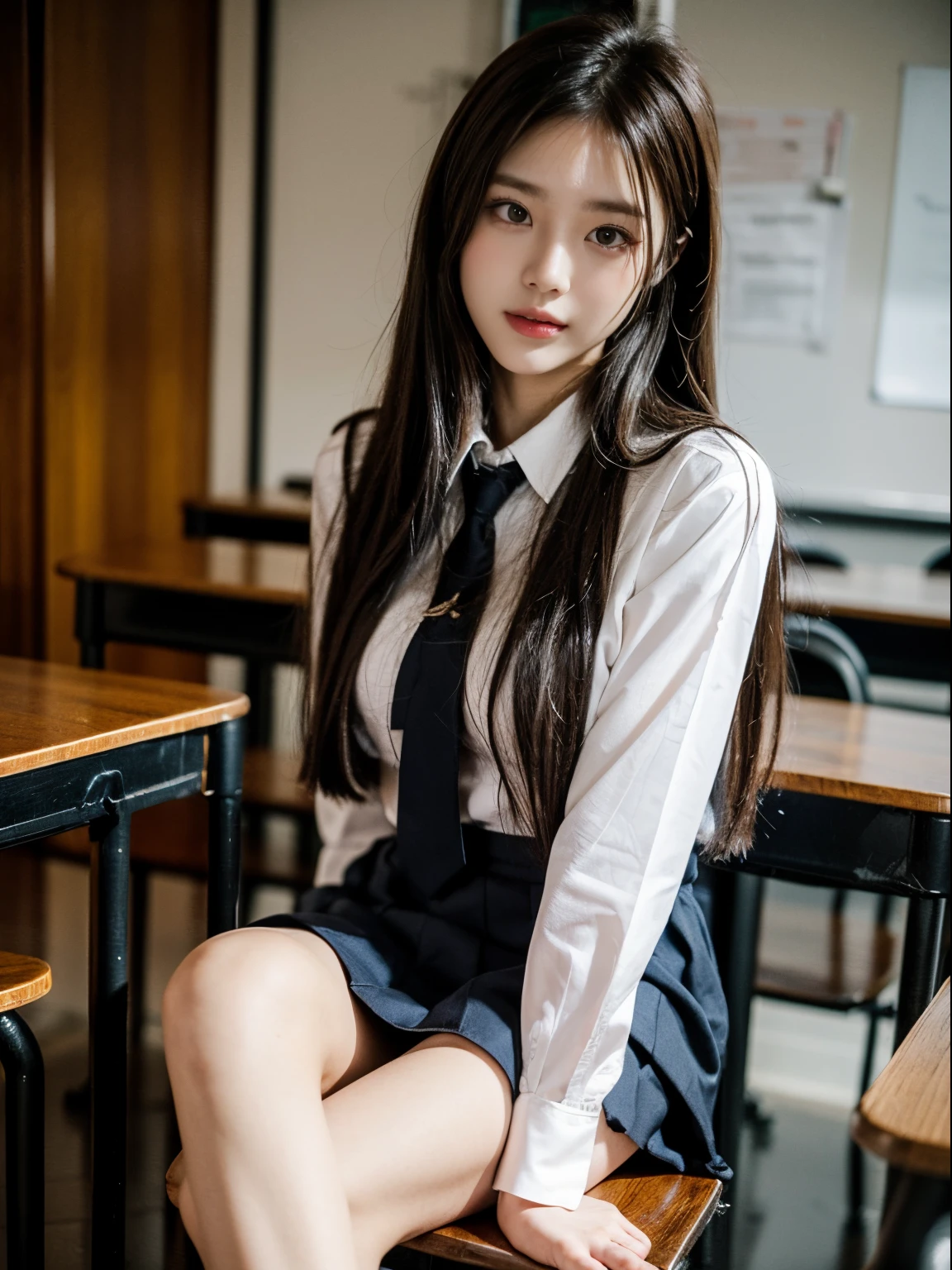 Masterpiece, Best Quality, Ultra Detailed, Illustration, Colorful, FAQ Color, Depth of Field, Lens Glow, 1girl, Hong Kong Beauty, Royal Sister Style, Sexy Style, Seated, Brunette Hair, Looking at the Audience, School, Classroom, Pleated Miniskirt, School Uniform, Serafuku, Black Pantyhose, Delicate Skin Texture, Fine Fabric Texture, Beautiful and Meticulous Face,