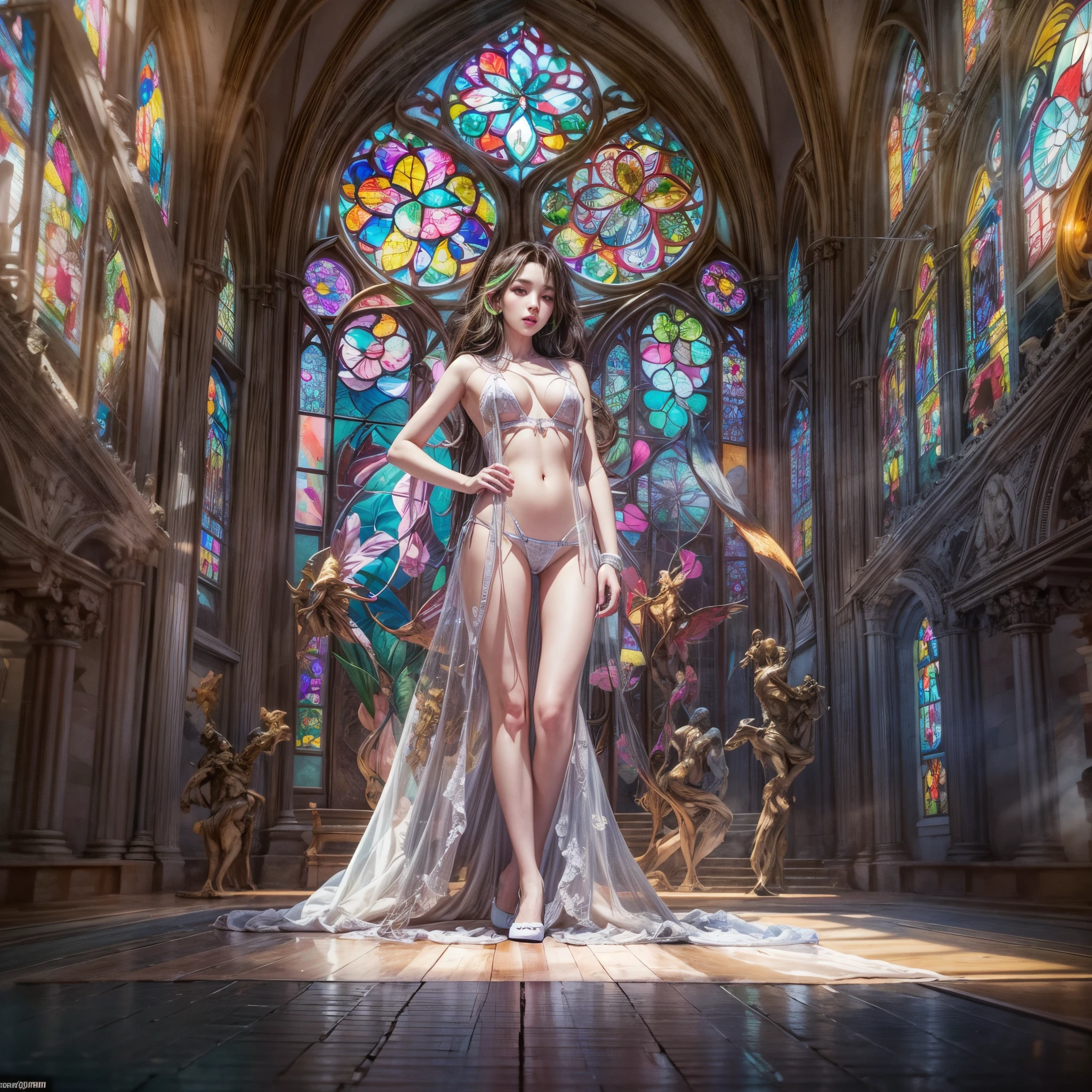 ( Masterpiece:1.25, exposed:1.2, White and vivid colors, navel), (sexy junior idol), ((face variations)), portrayed in the best quality and high resolution. The image should be ultra-detailed, realistic, and photorealistic with a touch of rawness. back lighting, colorful Light shines through delicate stained glass. The medium can be a combination of photography and concept art. The color tone should be vibrant and vivid, enhancing the overall visual impact. (Whole Body proportions and all limbs are anatomically accurate), (nipple:-0.9) .