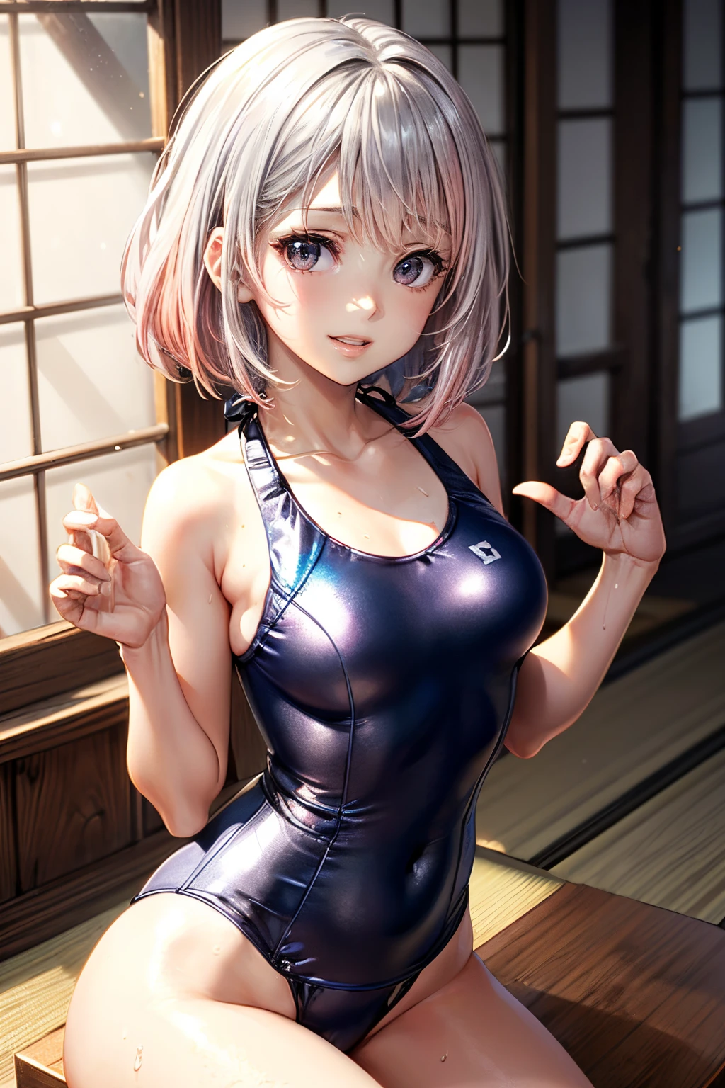 ((Anatomically correct hand:1.5)), Anime, Sexy, ((The costume is shiny:1.5)), ((In Kyoto Animation Style:1.5)), super precision, masterpiece, very extremely beautiful, Princess Face, ((1人の女性)), ((Solo:1.5)), ((Pink hair:1.5)), ((BobKat 1.5)), BREAK, ((Black eyes)), Short hair, ((Straight hair)), BREAK, ((The costume is silver:1.5)), BREAK, ((Skindentation)), ((Old School Swimsuit:1.5)), Professional Lighting, (25-years old), Narrow waist, Shiny skin, ((Oiled skin)), glistning skin, Looking at Viewer, Cowboy Shot, Dynamic Pose, is looking at the camera, inside in room, Sexy, A slight smil, Slightly open mouth, ((Cute)), sitting on, ((Hands behind your back)), Ultra-fine eyes, Ultra-fine face, ((thin lips:1.5)), Sexy, ((drooping eyes)), ((medium breasts:1.5)), A slight smil, Sexy, ((portlate:1.5)), faces, Hands on your back, Positive image, Sexy, Looking at the camera, Sexy, Latex,onepiece swimsuit, (Visible nipples:0.5), (camel's toe),