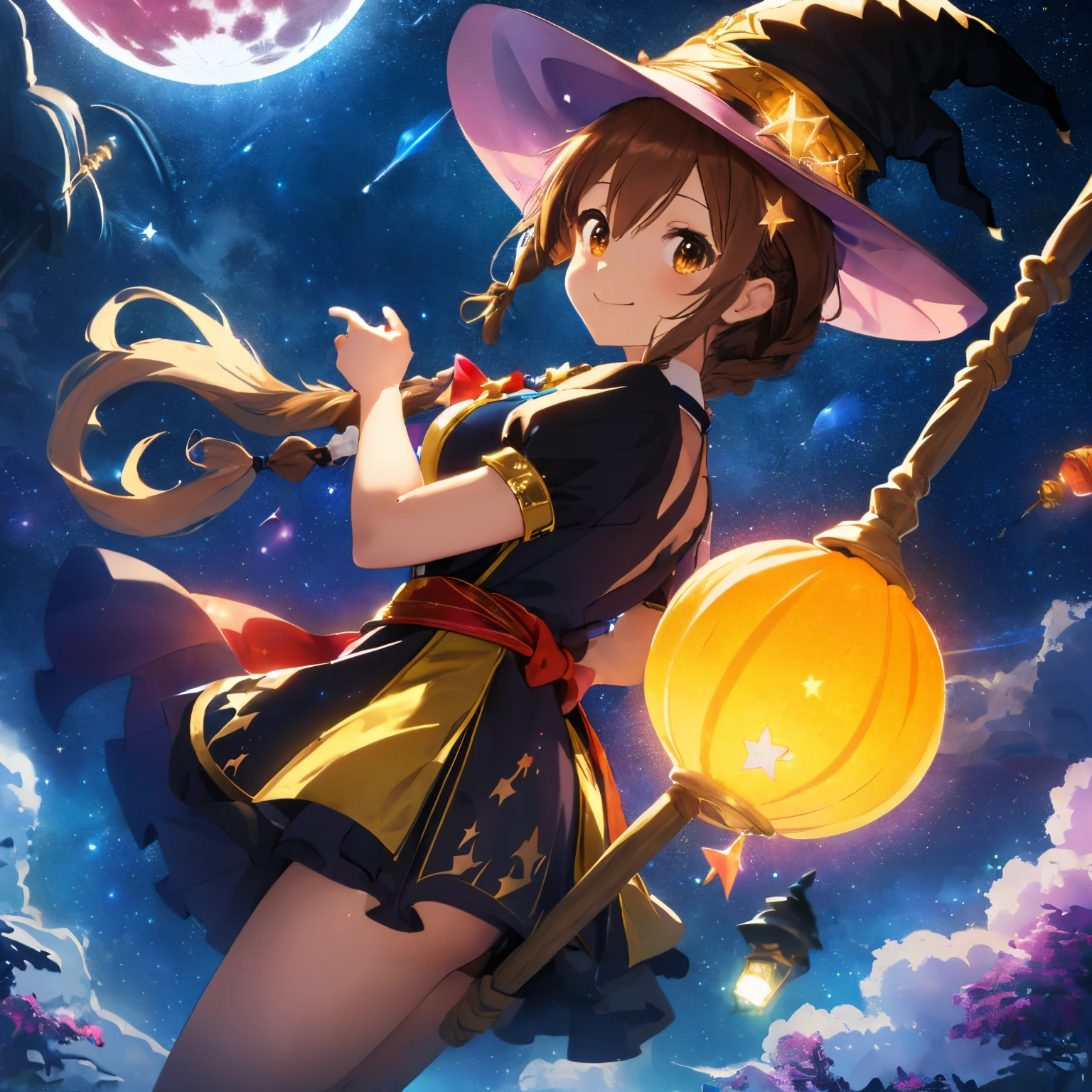 (colorful glowing lanterns),((A night sky filled with colorful cute creatures flying around)),((Big Full Moon)),((Sparkling and colorful stars)),fluffy hair,((brown haired)),((Braided shorthair)),Slightly red tide,((Brown eyes)),((Idol style costume with soft volume)),((gorgeous wizard hat)),((the witch)),(magic wand with a jewel on the tip),Happy smile,Kamimei,((Side view)),((Flying through the sky on a magic broom)),