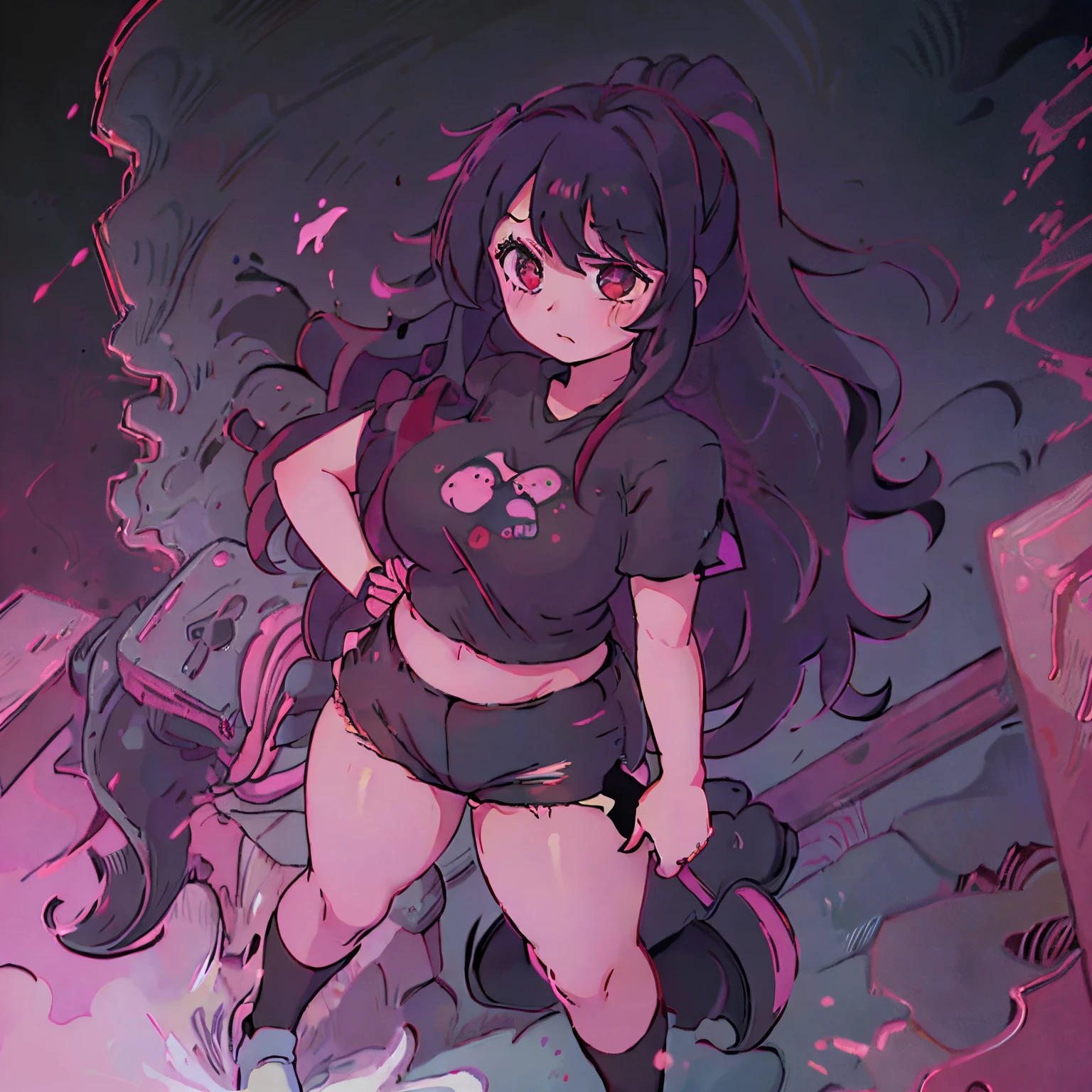anime girl with medium breasts, oversized black g-shirt, thick thighs, dark red eyes, pitch black wavy messy hair, booty shorts, crew socks, plump pink lips, cute nose