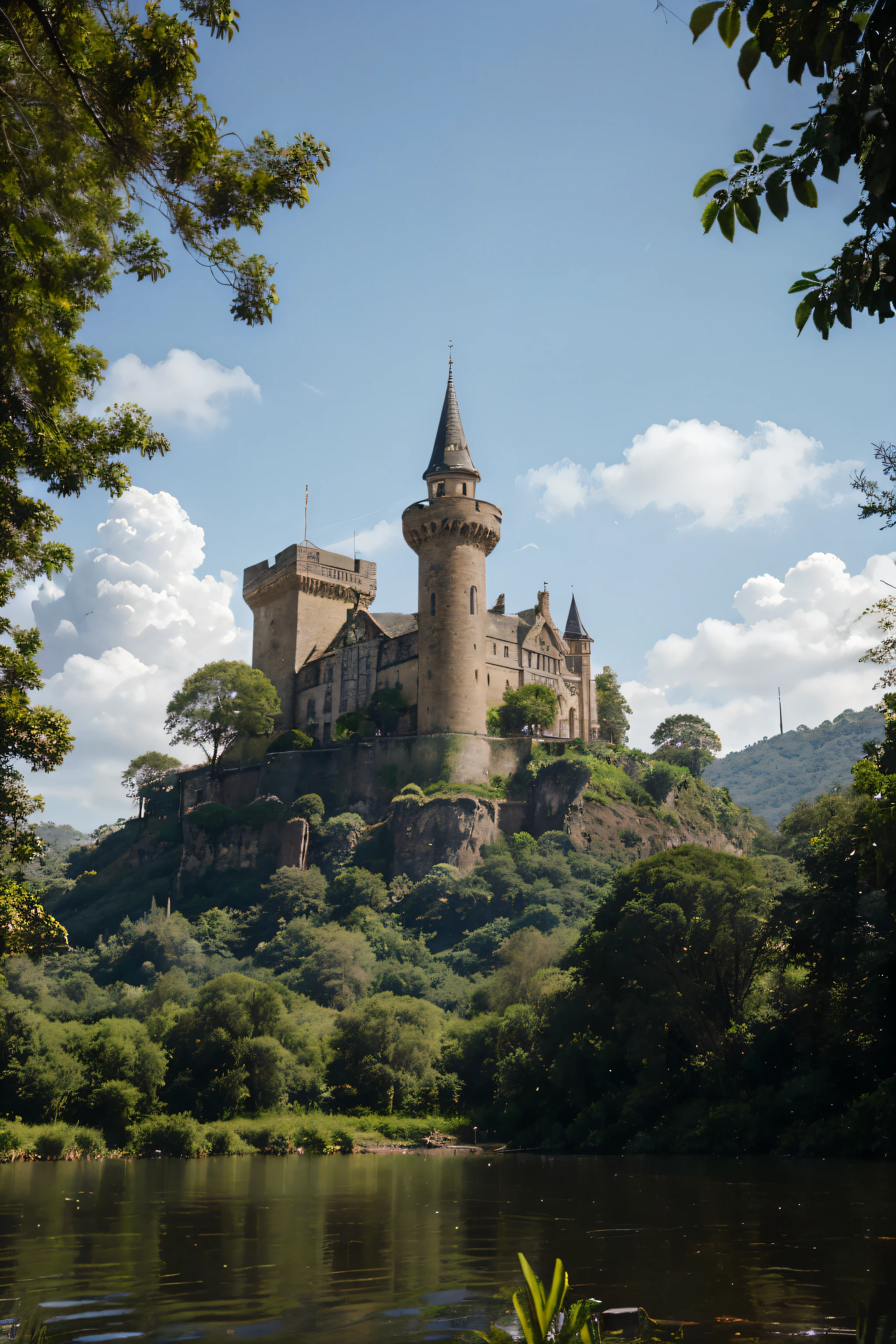 You are in front of a masterpiece of history: an ancient castle rests majestically on top of a mountain covered in lush vegetation. Its towers rise towards the sky, parecendo tocar as nuvens, while the intricate details of its walls reveal centuries of history and kept secrets. Around you, um rio serpenteia tranquilamente, reflecting the grandeur and mystery of this place lost in time. The photo shows up close where you can see the details of the castle'torre e janelas.