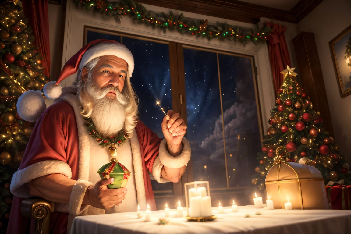 (pintura digital), (qualidade superior), 超A high resolution, 8K Ultra Real, Linda garota de Papai Noel vestindo uma linda fantasia de Papai Noel, ombro, uma minissaia, (Christmas decorations), sala aconchegante com lareira, luz de velas, Big Christmas Tree, presente,