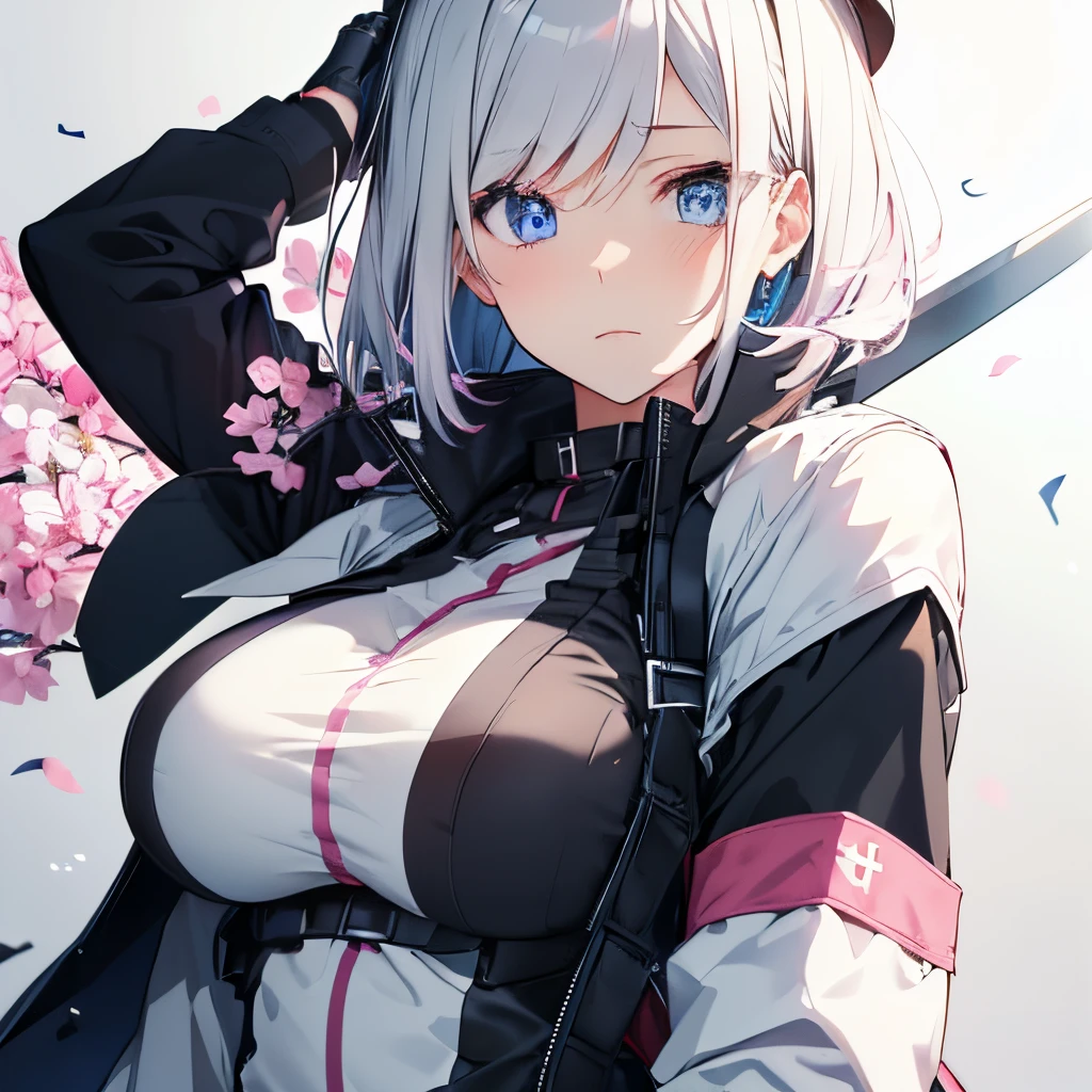 (masutepiece:1.2, Best Quality), 1 girl in, Blue eyes, jet-black hair, Pink inner hair, blue military uniform,(Gray white background),Full body,Big Breast,Sword,