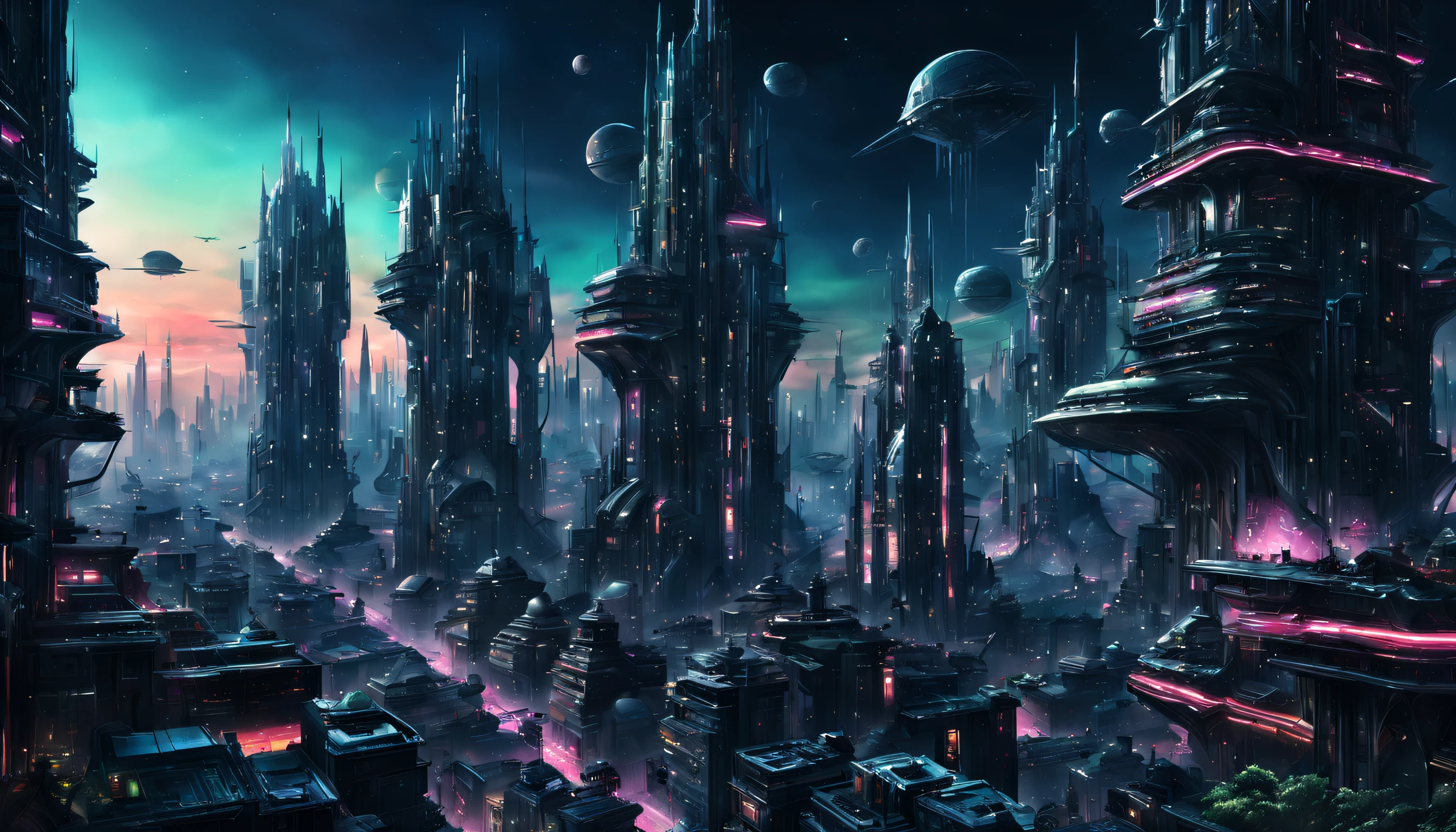 A giantic geaspatial dystopian city . Lot of detailed and dreaming colored. The Galaxy is visible beautiful and detailed. Dark. Neon. Futuristic. Hyper detailed. High rise buildings and apartments. flying vehicles