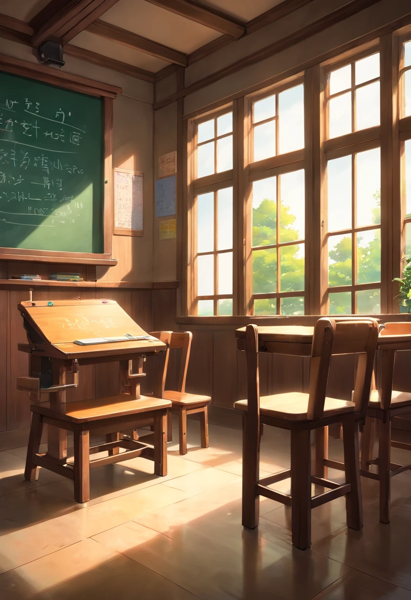 Part of a school classroom、platform chalk board、Student machine。The chair is、set up facing the blackboard、light coming through the window