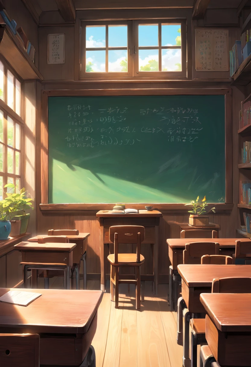 Part of a school classroom、platform chalk board、Student machine。The chair is、set up facing the blackboard、light coming through the window