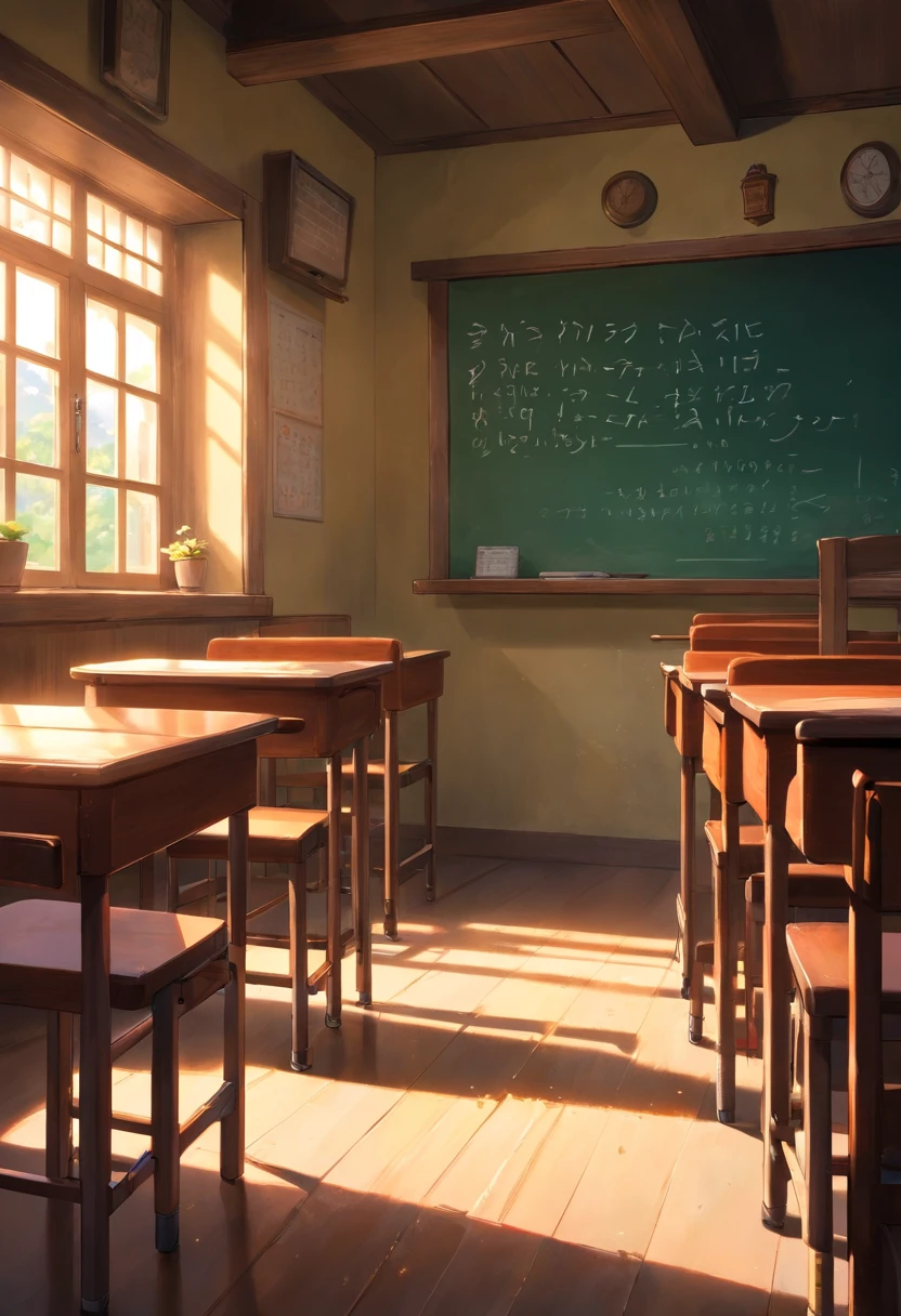 Part of a school classroom、platform chalk board、Student machine。The chair is、set up facing the blackboard、light coming through the window