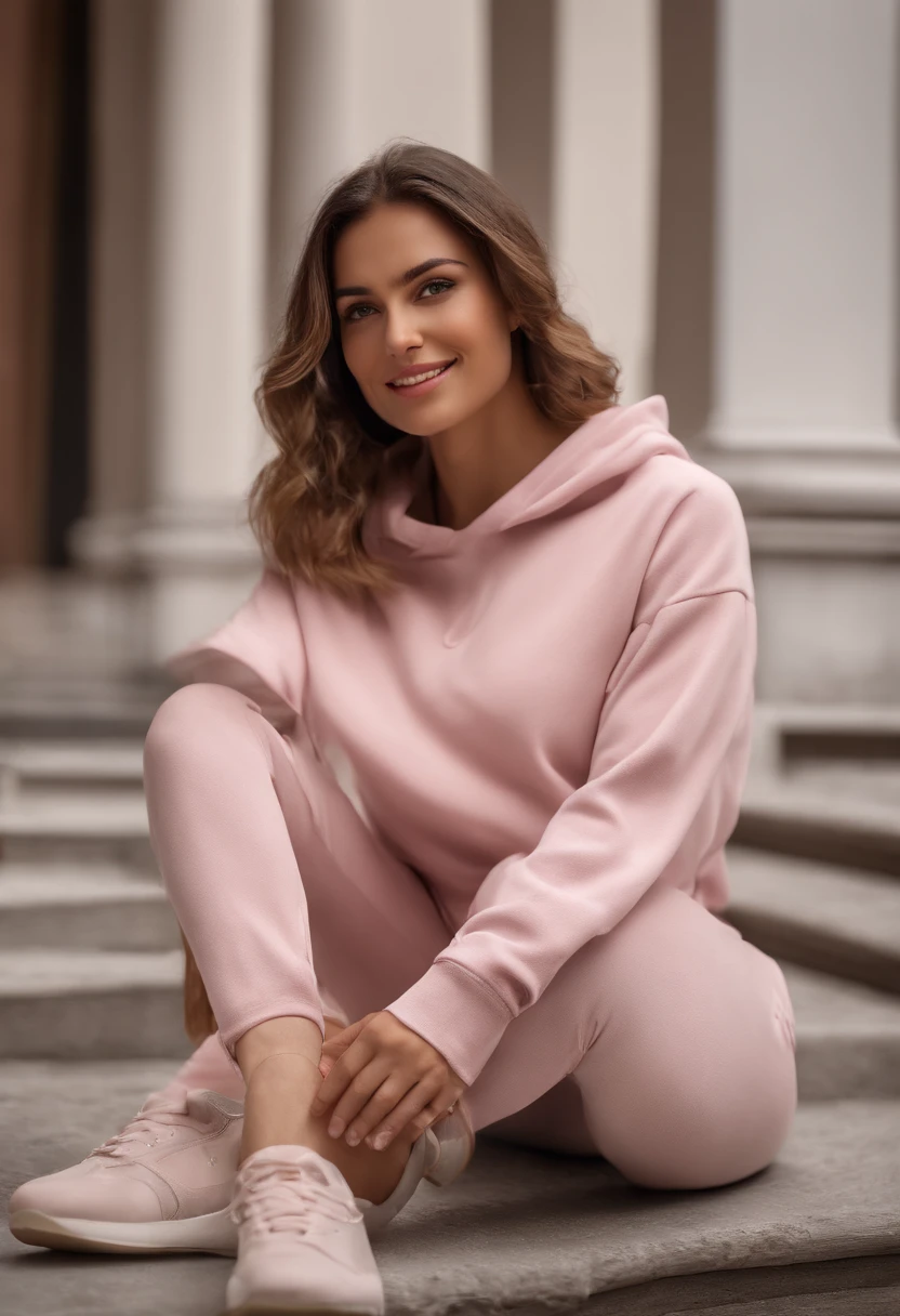Woman Arafida, (tmasterpiece: 1.3), (8K, Realistisch, photo in RAW format, beste-Qualit: 1.4), beste-Qualit, hight resolution, tmasterpiece, best detail, 8K, 3D model wearing a pink sweatshirt and pants, made in a soft style, face detail, a mulatto, Floor length, Fantastic quality, feminine exuberance, boring photo, no inscriptions or logos