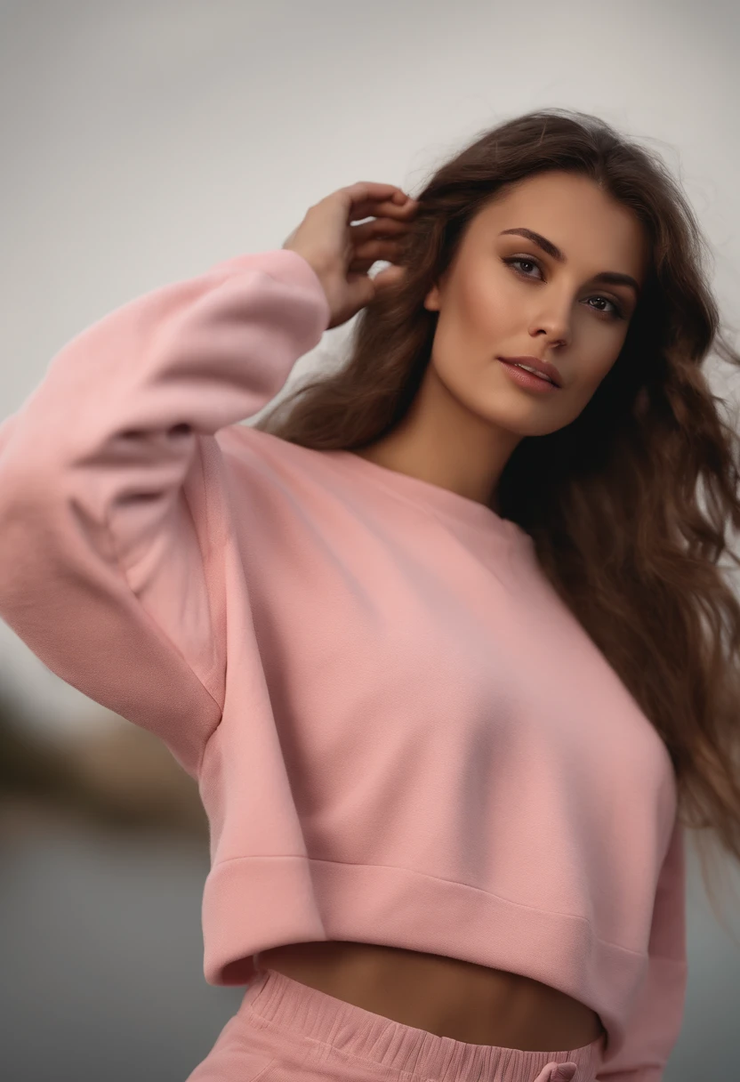 Woman Arafida, (tmasterpiece: 1.3), (8K, Realistisch, photo in RAW format, beste-Qualit: 1.4), beste-Qualit, hight resolution, tmasterpiece, best detail, 8K, 3D model wearing a pink sweatshirt and pants, made in a soft style, face detail, a mulatto, Floor length, Fantastic quality, feminine exuberance, boring photo, no inscriptions or logos