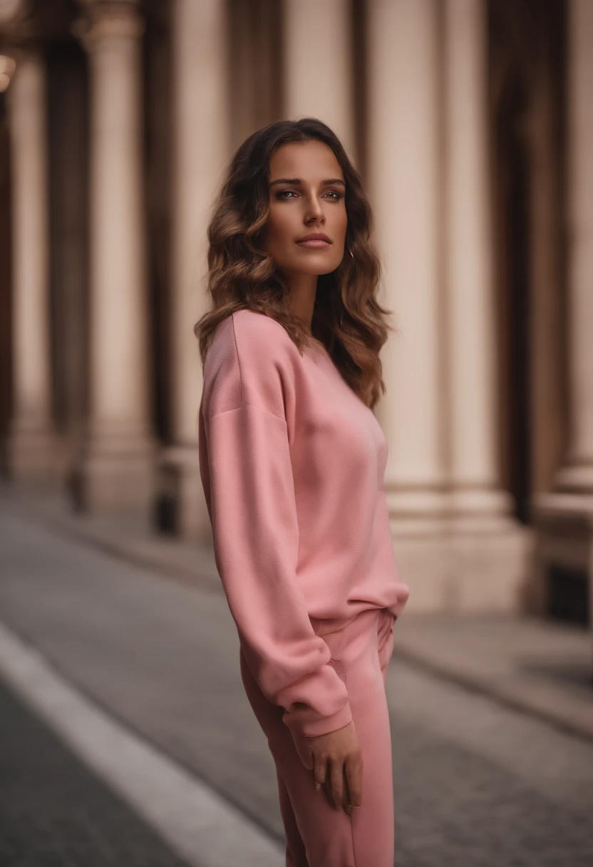 Woman Arafida, (tmasterpiece: 1.3), (8K, Realistisch, photo in RAW format, beste-Qualit: 1.4), beste-Qualit, hight resolution, tmasterpiece, best detail, 8K, 3D model wearing a pink sweatshirt and pants, made in a soft style, face detail, a mulatto, Floor length, Fantastic quality, feminine exuberance, boring photo, no inscriptions or logos