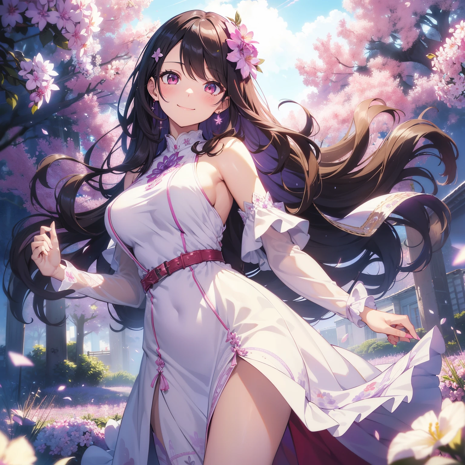 (masutepiece,Best Quality,8K),(extremely detailed CG1.1),teens girl,Smile,large boob,(From below:1.2),Intricate details , Hyper realistic, Perfect Anatomy,A dark-haired,Red Eyes,(((Forehead))),Permed hair with wavy hair,(((length hair))),Hair over one eye,hair slicked back,Full body,(((long dress))),blush,Happy smile,(((Lilac,flower  field))),Lens Flare,Wind,Magnificent view,(chromatic abberation:1.3),Dynamic Angle,Cowboy Shot,Looking at Viewer,is standing,float