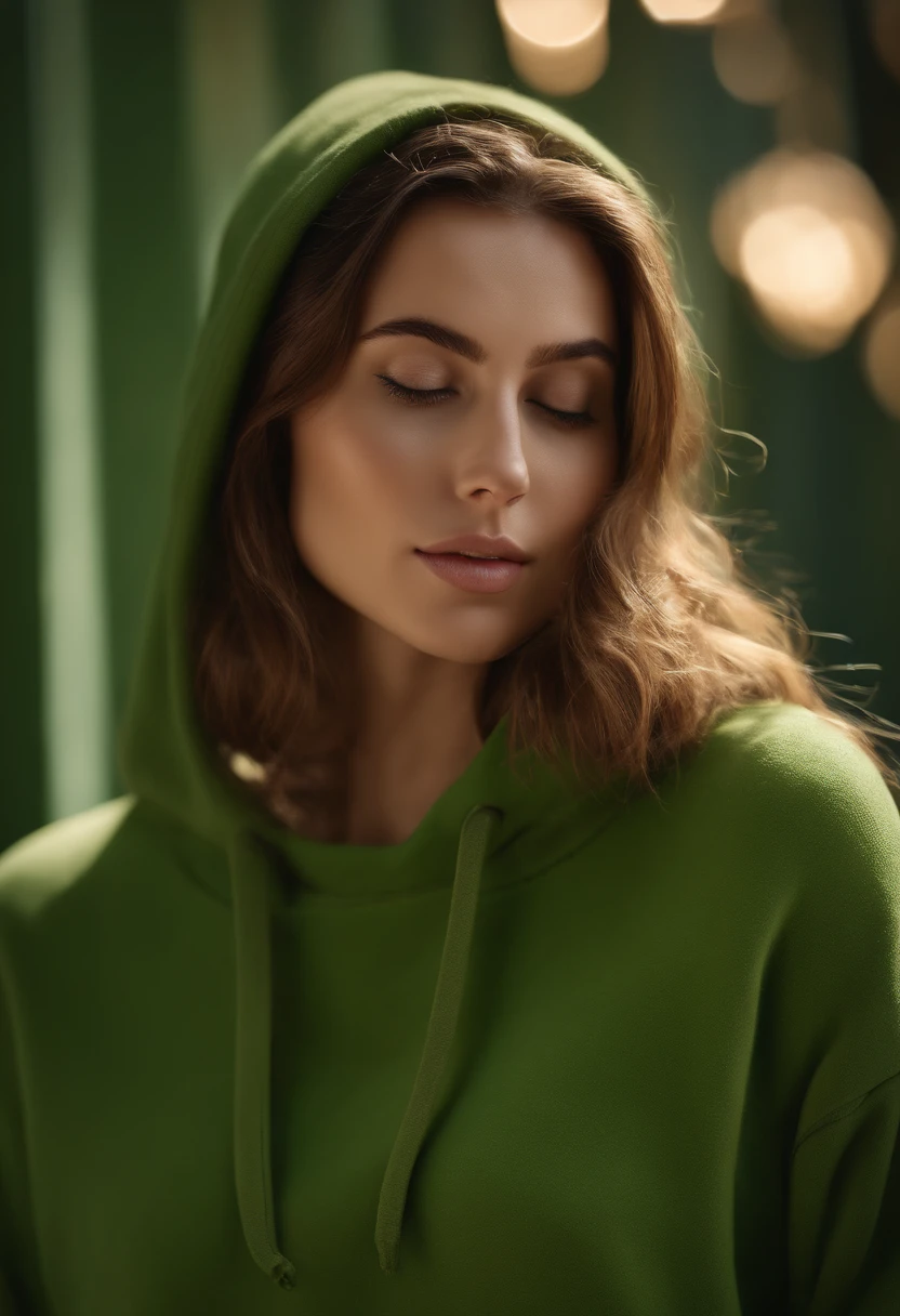 (Masterpiece: 1.3), (8K, Realistic, RAW photo, Best Quality: 1.4), Best Quality, High Resolution, Masterpiece, best detail, 8K, 3d model of green sweatshirt, made in a soft style, Face detailing, brown-haired woman, in full height, dreamy quality, feminine exuberance, Matte Photo, without inscriptions and logos