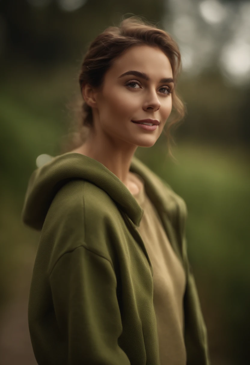 (Masterpiece: 1.3), (8K, Realistic, RAW photo, Best Quality: 1.4), Best Quality, High Resolution, Masterpiece, best detail, 8K, 3d model of green sweatshirt, made in a soft style, Face detailing, brown-haired woman, in full height, dreamy quality, feminine exuberance, Matte Photo, without inscriptions and logos