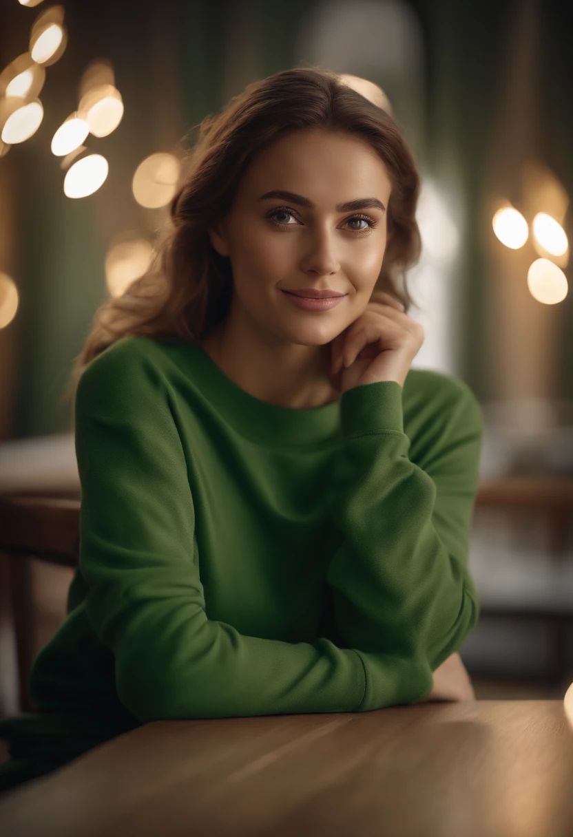 (Masterpiece: 1.3), (8K, Realistic, RAW photo, Best Quality: 1.4), Best Quality, High Resolution, Masterpiece, best detail, 8K, 3d model of green sweatshirt, made in a soft style, Face detailing, brown-haired woman, in full height, dreamy quality, feminine exuberance, Matte Photo, without inscriptions and logos