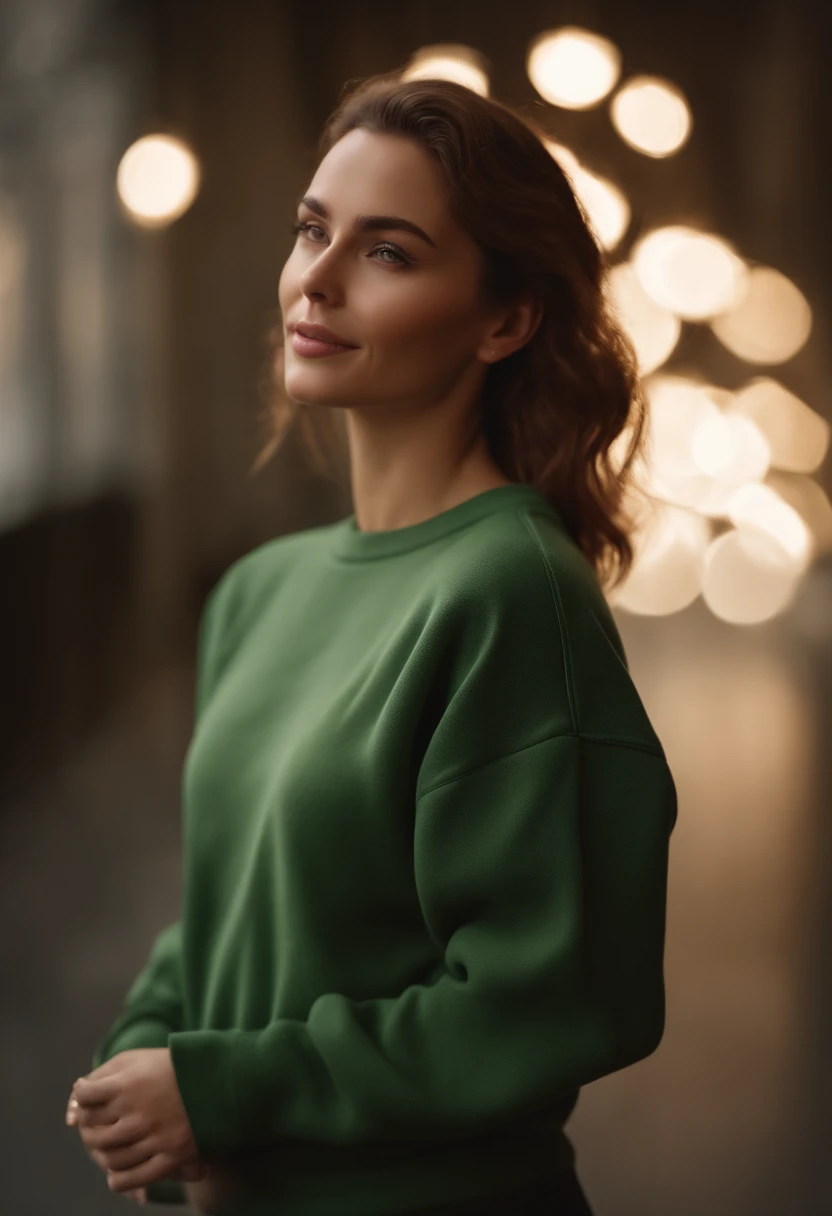 (Masterpiece: 1.3), (8K, Realistic, RAW photo, Best Quality: 1.4), Best Quality, High Resolution, Masterpiece, best detail, 8K, 3d model of green sweatshirt, made in a soft style, Face detailing, brown-haired woman, in full height, dreamy quality, feminine exuberance, Matte Photo, without inscriptions and logos