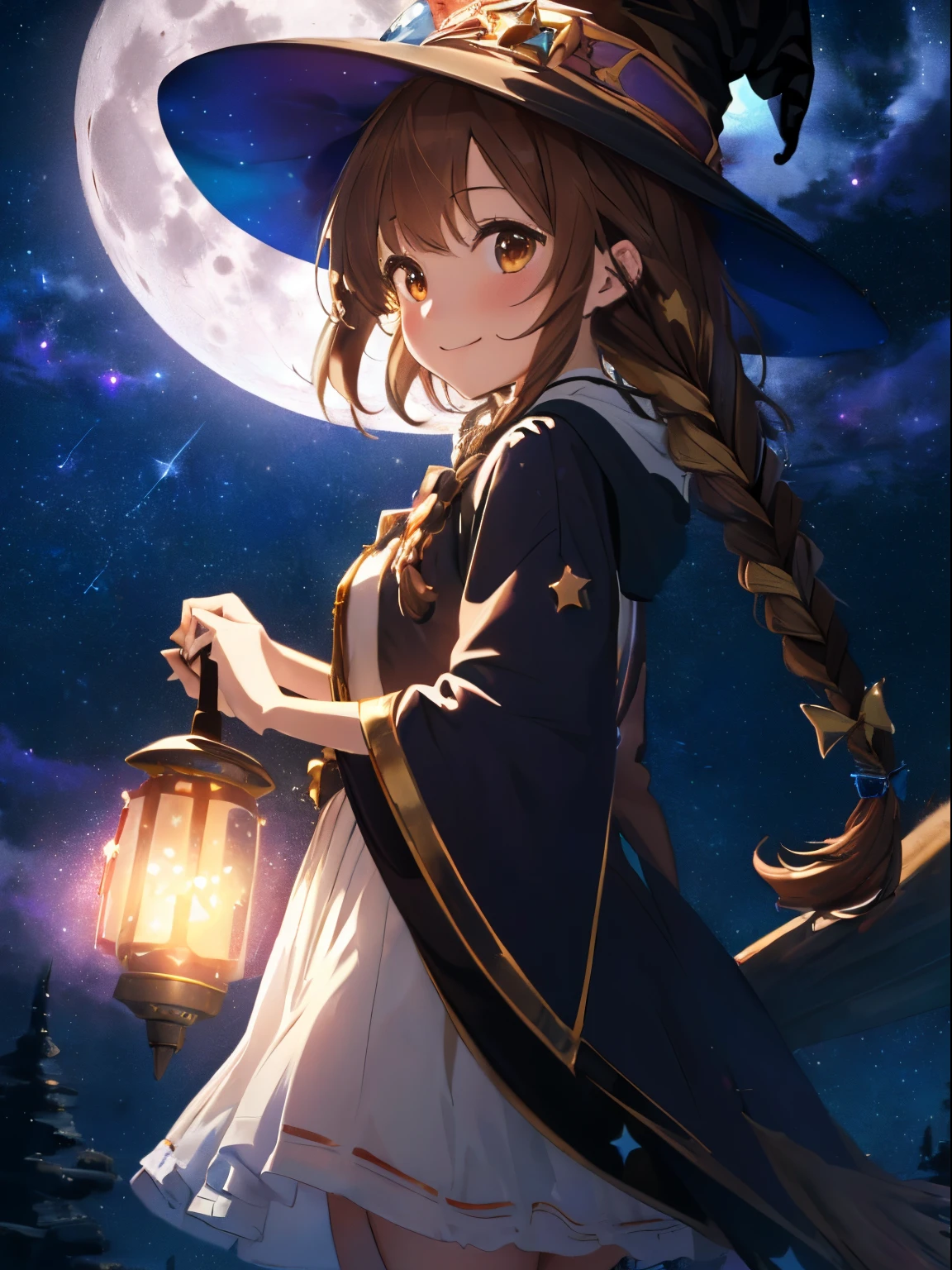 (colorful glowing lantern),((A night sky filled with colorful cute creatures flying around)),((Big Full Moon)),((Sparkling and colorful stars)),fluffy hair,((brown haired)),((Braided shorthair)),Slightly red tide,((Brown eyes)),((Idol style costume with soft volume)),((gorgeous wizard hat)),((the witch)),(magic wand with a jewel on the tip),Happy smile,Kamimei,((Side view)),((fly in the sky on a magic broom)),