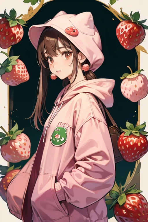 Strawberry Cookie is a somewhat small, thickish Cookie with brown eyes that each have a single eyelash that shooting out from the top-right corner. She wears an oversized pink strawberry hoodie with a pair of drawstrings with puffballs that resemble a pair of cherries. Her mouth and head are covered by the hoodie. Her pink lollipop sticks out of her jade-green backpack when she isn't using it.