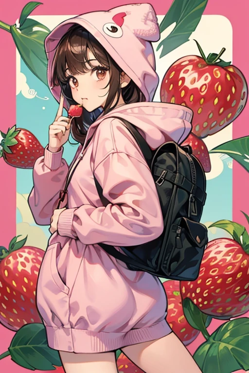 Strawberry Cookie is a somewhat small, thickish Cookie with brown eyes that each have a single eyelash that shooting out from the top-right corner. She wears an oversized pink strawberry hoodie with a pair of drawstrings with puffballs that resemble a pair of cherries. Her mouth and head are covered by the hoodie. Her pink lollipop sticks out of her jade-green backpack when she isn't using it.