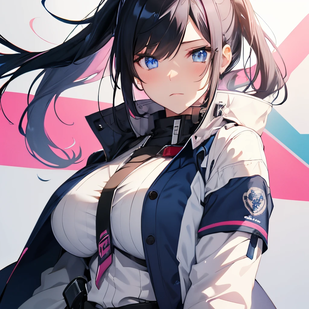 (masutepiece:1.2, Best Quality), 1 girl in, Blue eyes, jet-black hair, Pink inner hair, blue military uniform,(Gray white background),Full body,Big Breast,Sword,