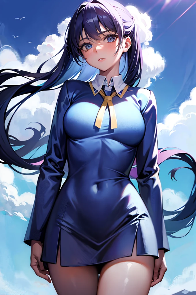 Araaf woman in uniform poses on a plane with a tie, Plain uniform sky on the back, JK Uniform, girl wearing uniform, Pilot suit, Cute Pilot Girl, Plain sky uniform, bottom angle, Pilot Girl, Plain sky uniform, Close-up shot, blue uniform, korean girl, sakimi chan, White uniform, jaeyeon nam, Business Apparel, korea