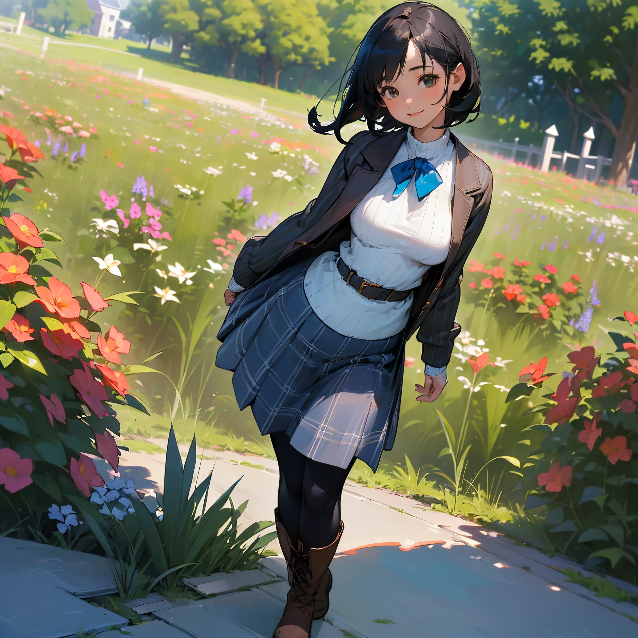 (High quality, High resolution, Ultra-detailed, Realistic:1.37), peaceful ambiance, (plein air, garden), Teenage girl standing alone, (My breasts are big.), Beautiful detailed features, Cute smile, (Black bob hair), Ribbed sweater, blue plaid skirt, Black tights, Brown boots.