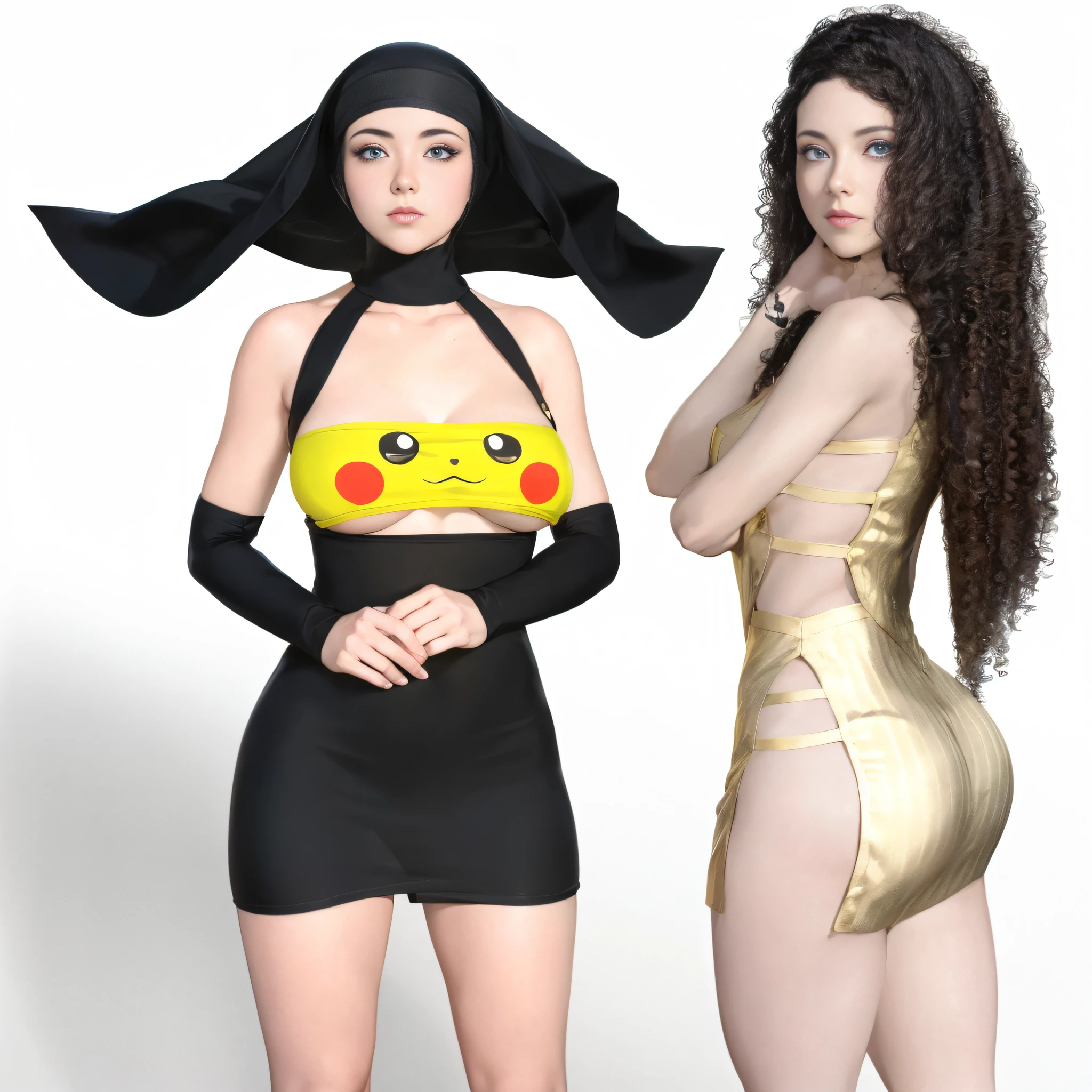 (sensual nun), black hair, (blue eyes, half-open), large bust, cleavage, walking, anime drawing style