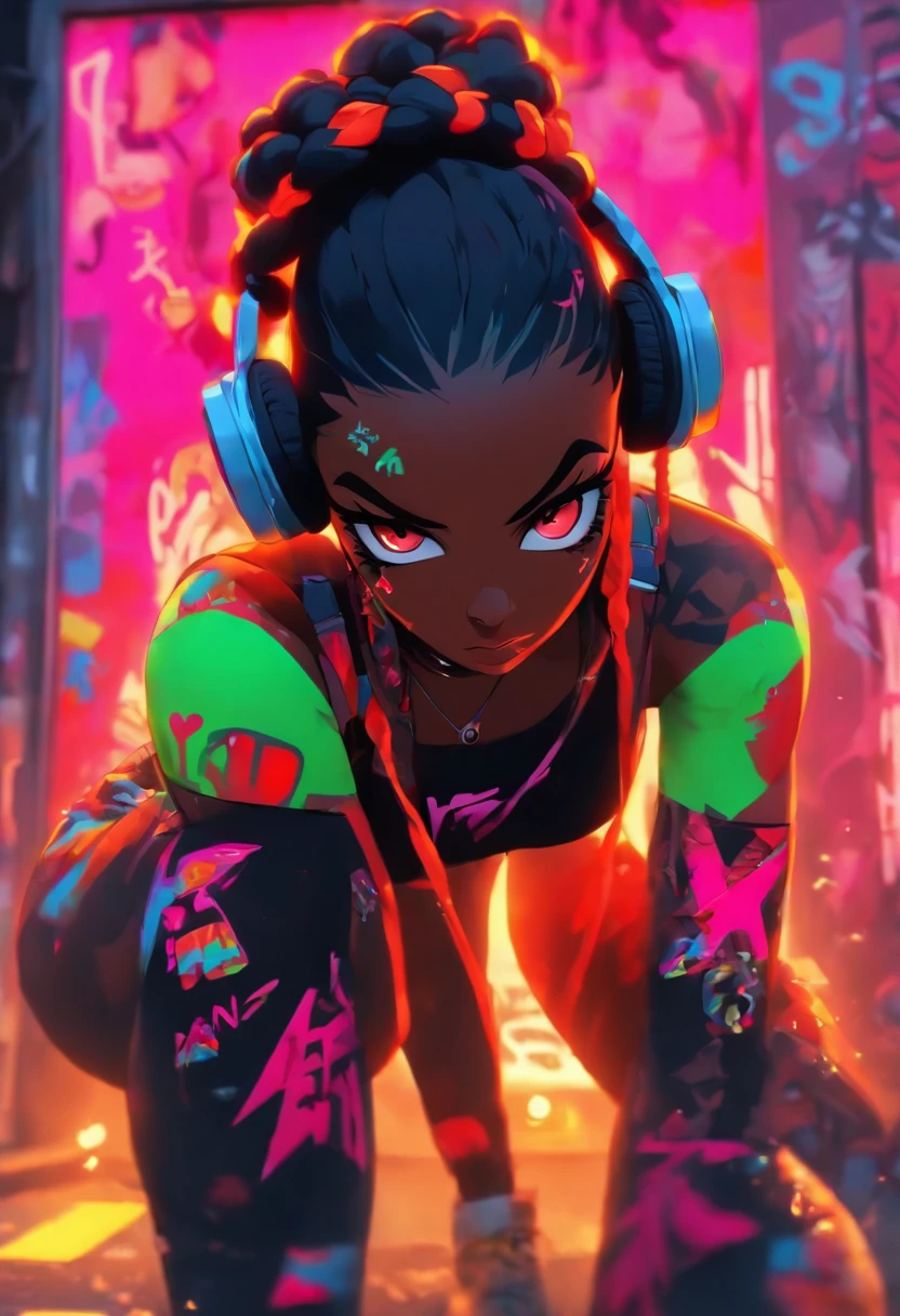 https://s.mj.run/s_RV85aYiU8 https://s.mj.run/pfoSgQXrkB4 dark skin woman, hip-hop revival, rap rebel, headphones,::4 (graffiti artist tagging a wall with her insignia in neon spray paint) rebellious, alluring, challenging, paint spray can, heaphones, gas mask, detailed glowing neon bodypaint,::4 exotic urban body art, hip-hop baddie, hip-hop rebel,::2 busty, round hips, heart-shaped ass, gold eyes, black braids, headwrap, tone muscles,high paced,sensuality rebellion detailed body features, hip-hop aesthetics::3 , ((, hip-hop revival, and revolution)),, perfect face and body:: , Cel-shaded, full body,masterpiece, ultra-detailed, 96k Cinematography, HDR,highly detailed)( sense of depth, depth of field , anime-realism, ufotable studios,movie scene, action scene,photorealistic,real 3d, depth of field, dynamic angle, scenery, dramatic lighting, volumetric lighting , body-fix, more_details