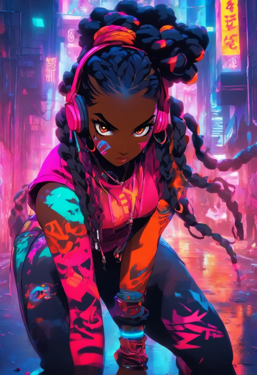 https://s.mj.run/s_RV85aYiU8 https://s.mj.run/pfoSgQXrkB4 dark skin woman, hip-hop revival, rap rebel, headphones,::4 (graffiti artist tagging a wall with her insignia in neon spray paint) rebellious, alluring, challenging, paint spray can, heaphones, gas mask, detailed glowing neon bodypaint,::4 exotic urban body art, hip-hop baddie, hip-hop rebel,::2 busty, round hips, heart-shaped ass, gold eyes, black braids, headwrap, tone muscles,high paced,sensuality rebellion detailed body features, hip-hop aesthetics::3 , ((, hip-hop revival, and revolution)),, perfect face and body:: , Cel-shaded, full body,masterpiece, ultra-detailed, 96k Cinematography, HDR,highly detailed)( sense of depth, depth of field , anime-realism, ufotable studios,movie scene, action scene,photorealistic,real 3d, depth of field, dynamic angle, scenery, dramatic lighting, volumetric lighting , body-fix, more_details