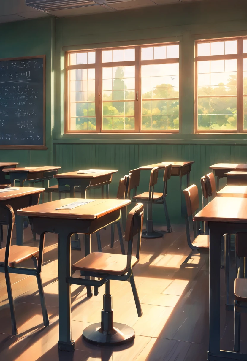 Part of a school classroom、tw　chalk board、Student Machines。The chair is、set up facing the blackboard、light coming through the window