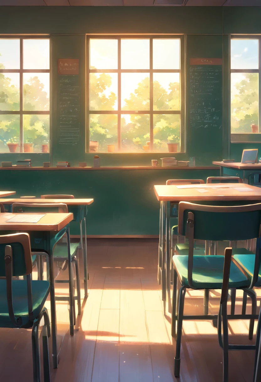 Part of a school classroom、tw chalk board、Student Machines。The chair is、set up facing the blackboard、light coming through the window