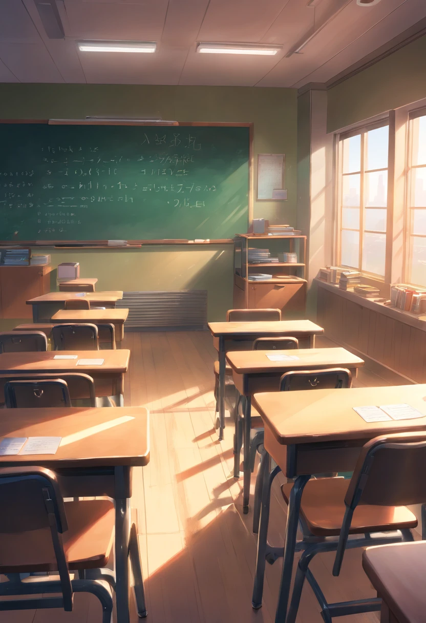 Part of a school classroom、tw chalk board、Student Machines。The chair is、set up facing the blackboard、light coming through the window