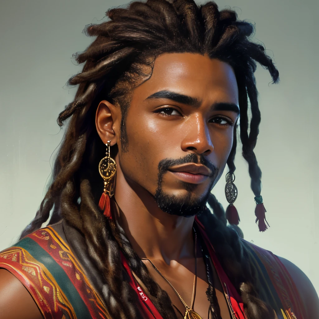 A realistic portrait of a very handsome hippie looking black man with dreadlocs