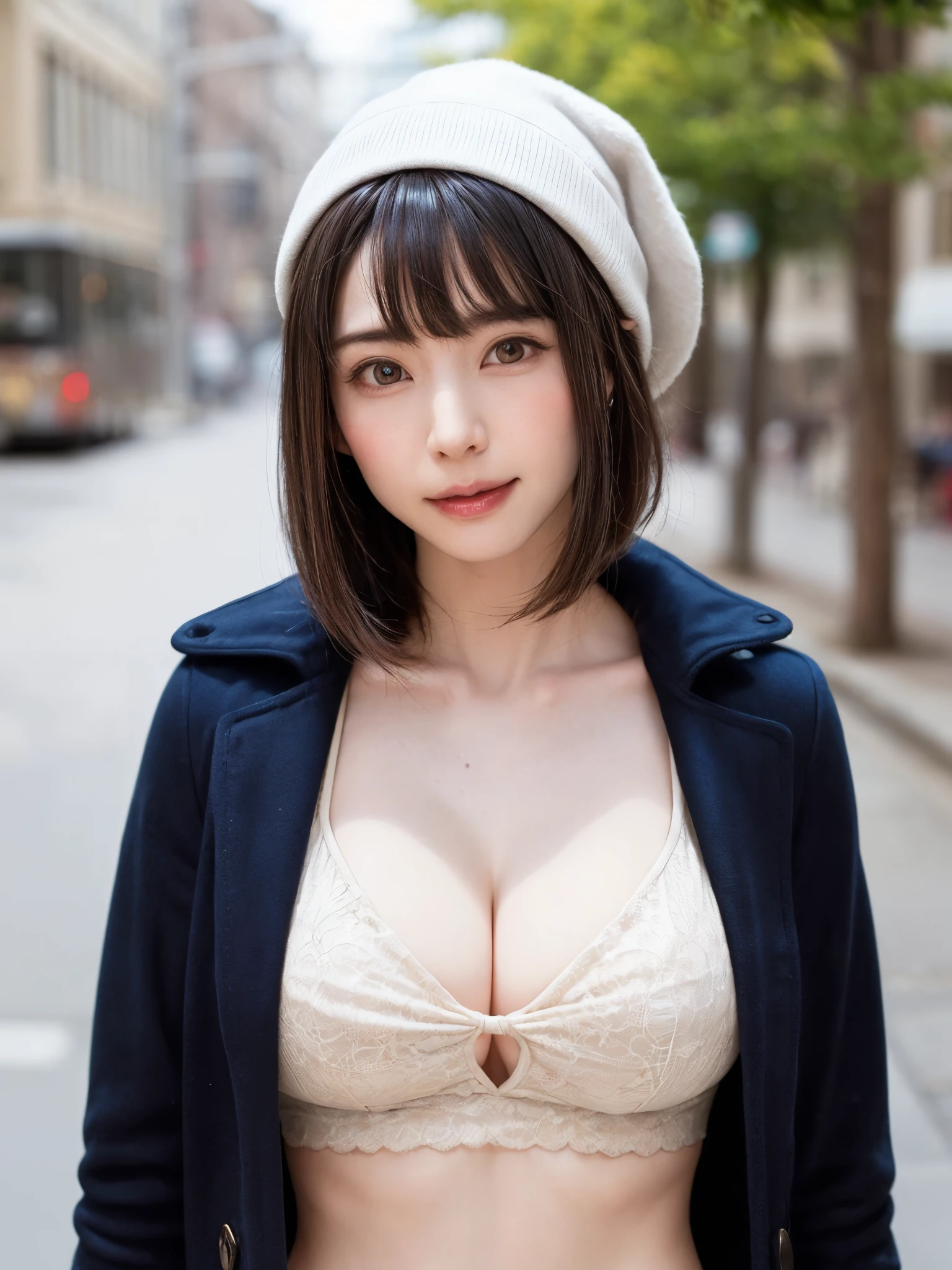 (Face Focus、Very eye focus、Head tilt、Very chest focus、underboob、mid-riff peak、hyper realisitic、Photorealistic、masutepiece:1.4, top-quality:1.4、Add intense highlights to the eyes:1.4、short shiny hair:1.4 ),1girl in, 独奏, short dark hair, scarf, Hats,, realisitic, looking at the viewers, brown eyes of light color,, shorth hair, coat, Winter clothes, White headscarf, s lips, lipgloss:1.4,bangss,a closed mouth, The upper part of the body、big eye、Lashes、((Street))、(((Shorthair with bangs:1.4、big eye、Put very strong highlights in your students、{Gigantic|Big|Huge|Mega} breasts, cleavage、very Bigger breasts、gazing at viewer、Very beautiful beauty、Put your ears out、long neck、little smiling、Close your mouth and smile、Beautiful teeth)))、Beautiful adult woman full of charm:1.4、(Autumn leaves are blue without people or cars々tree-lined street)