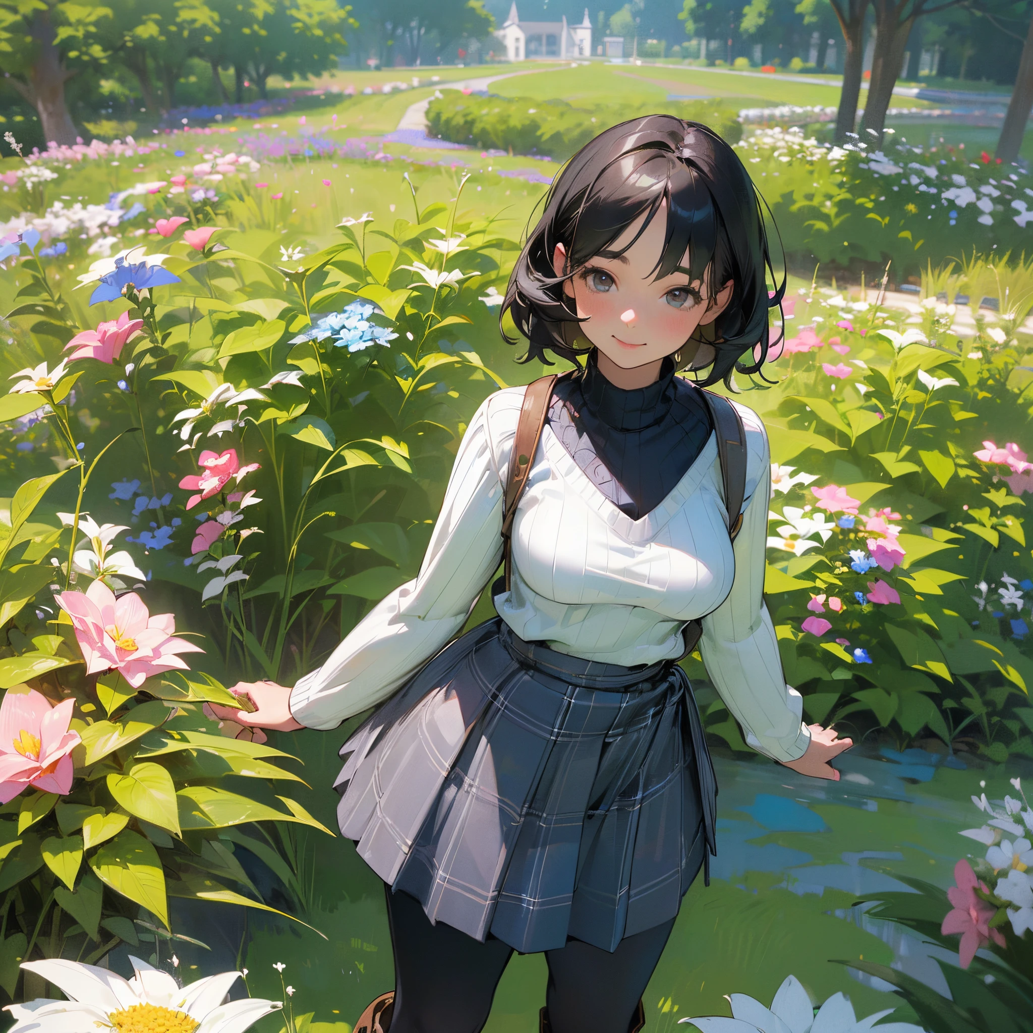 (High quality, High resolution, Ultra-detailed, Realistic:1.37), peaceful ambiance, (plein air, garden), Teenage girl standing alone, (My breasts are big.), Beautiful detailed features, Cute smile, (Black bob hair), Ribbed sweater, blue plaid skirt, Black tights, Brown boots.