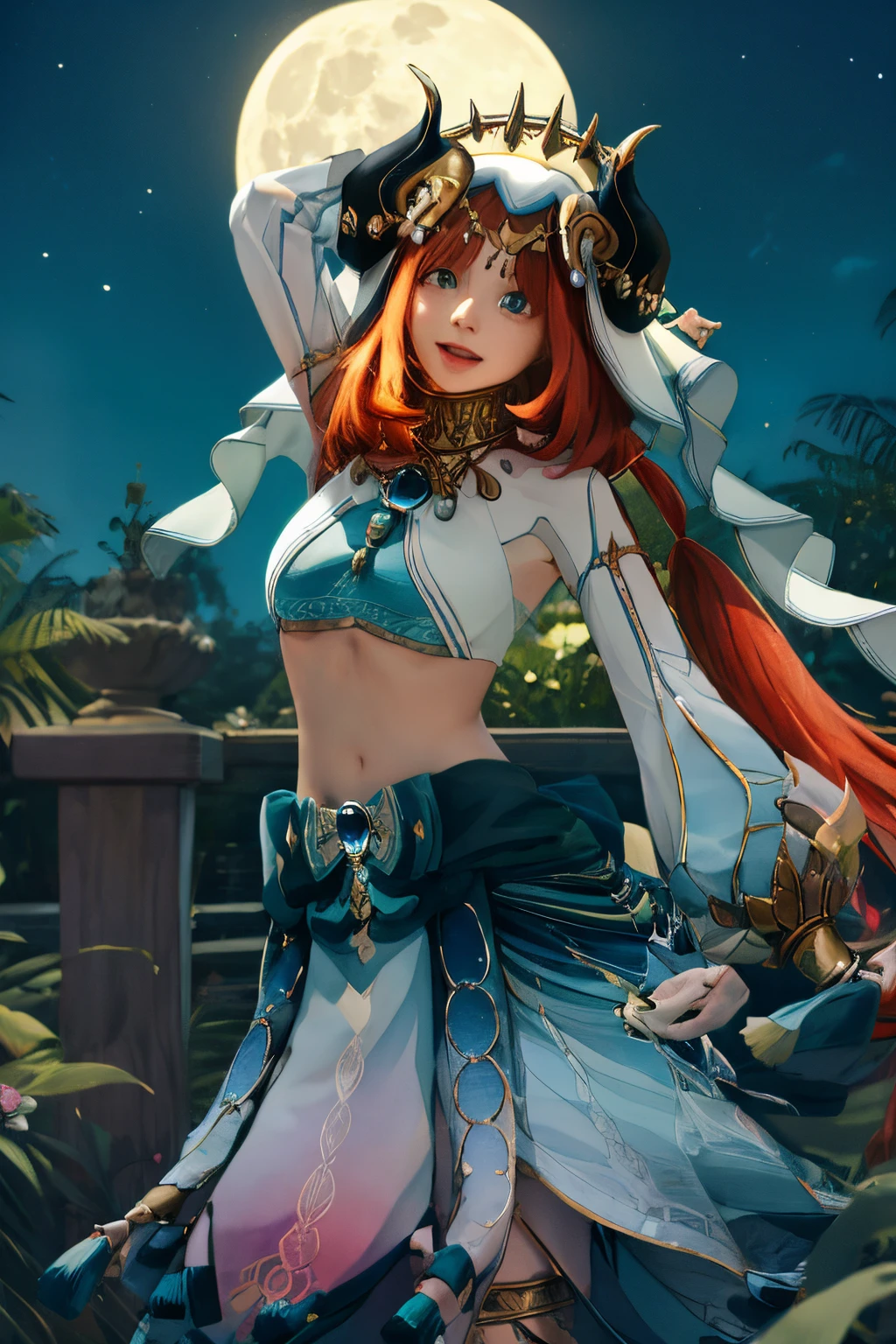 (Realistic painting style:1.1), masterpiece, best quality, absurdres, nilou (neither flower nor mist) (genshin impact), aqua eyes, nilou (genshin impact), fake horns, 1girl, solo, red hair, veil, smile, moon, long hair, crop top, jewelry, horns, night, bracer, brooch, long sleeves, puffy long sleeves, looking at viewer, skirt, bangs, twintails, water, puffy sleeves, sky, neck ring, open mouth, :d, full moon, night sky, flower, harem outfit, gold trim, parted bangs, arm up, breasts, circlet, outdoors, blue skirt, hair ornament, detached sleeves, low twintails, floating hair, gem, hair flower, blue gemstone, hand up, dancer, white headwear, small breasts, stomach, midriff, cowboy shot, blue bow, very long hair