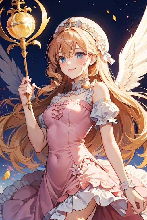 Angel Cookie is a tiny, olive-yellow Cookie with golden, curly hair, wide, powder blue eyes, and an innocent salmon pink smile. They wear no distinguishable clothing, but their hips flare out horizontally into points and are adorned with a scalloped pattern of white icing, rendering their silhouette into something resembling a dress. They carry a silver wand with a five-pointed star at the tip.