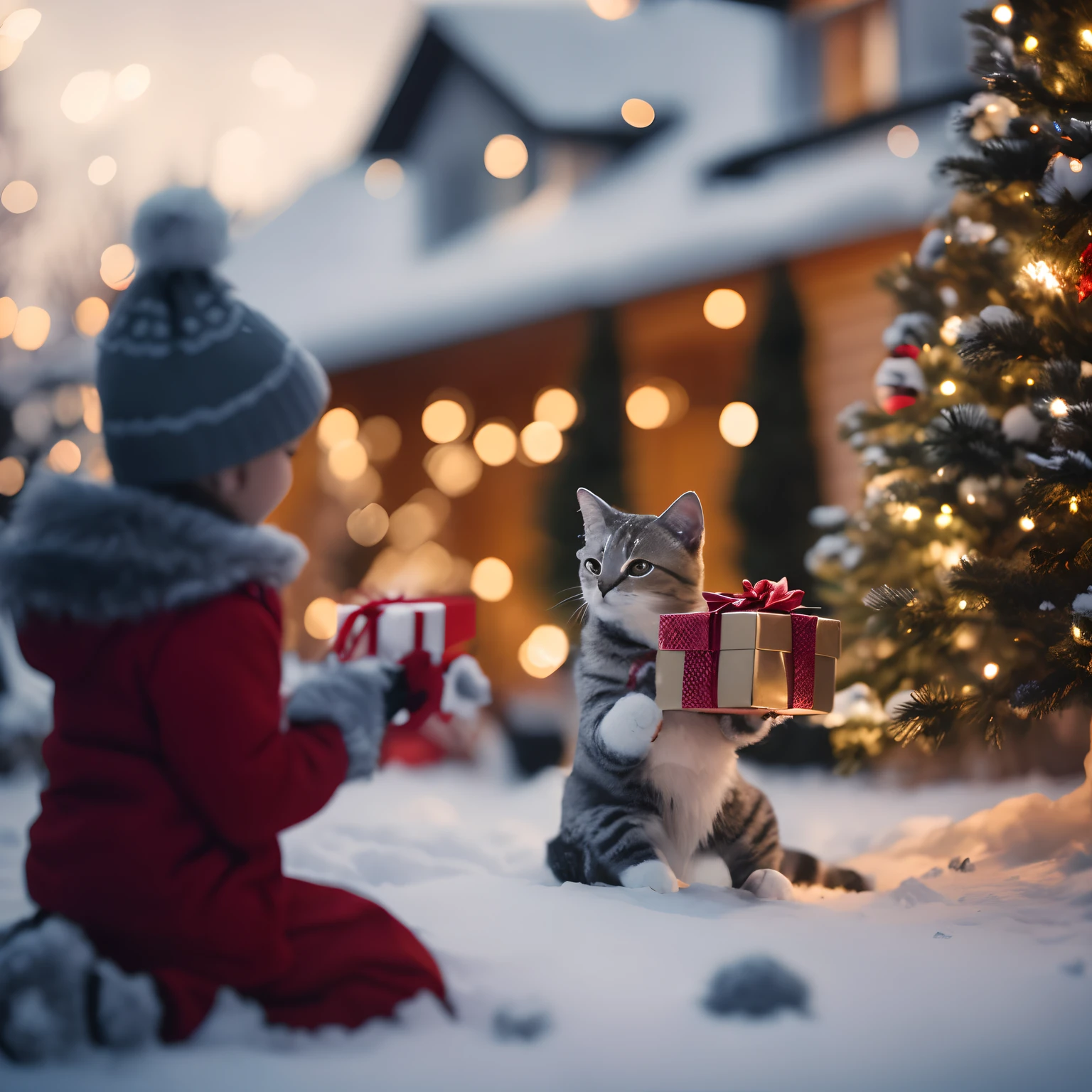 There's a small child playing with a cat in the snow, giving gifts to people, Shutterstock, Presente, Directed by: Emma Andijewska, Apresenta, Noite de Natal, Gato, holiday season, cabrito, Vencedor do concurso Pexels, Colo, Directed by: Adam Marczyński, segurando presente, Directed by: Ivan Grohar, Vencedor do concurso da Shutterstock, reconfortante