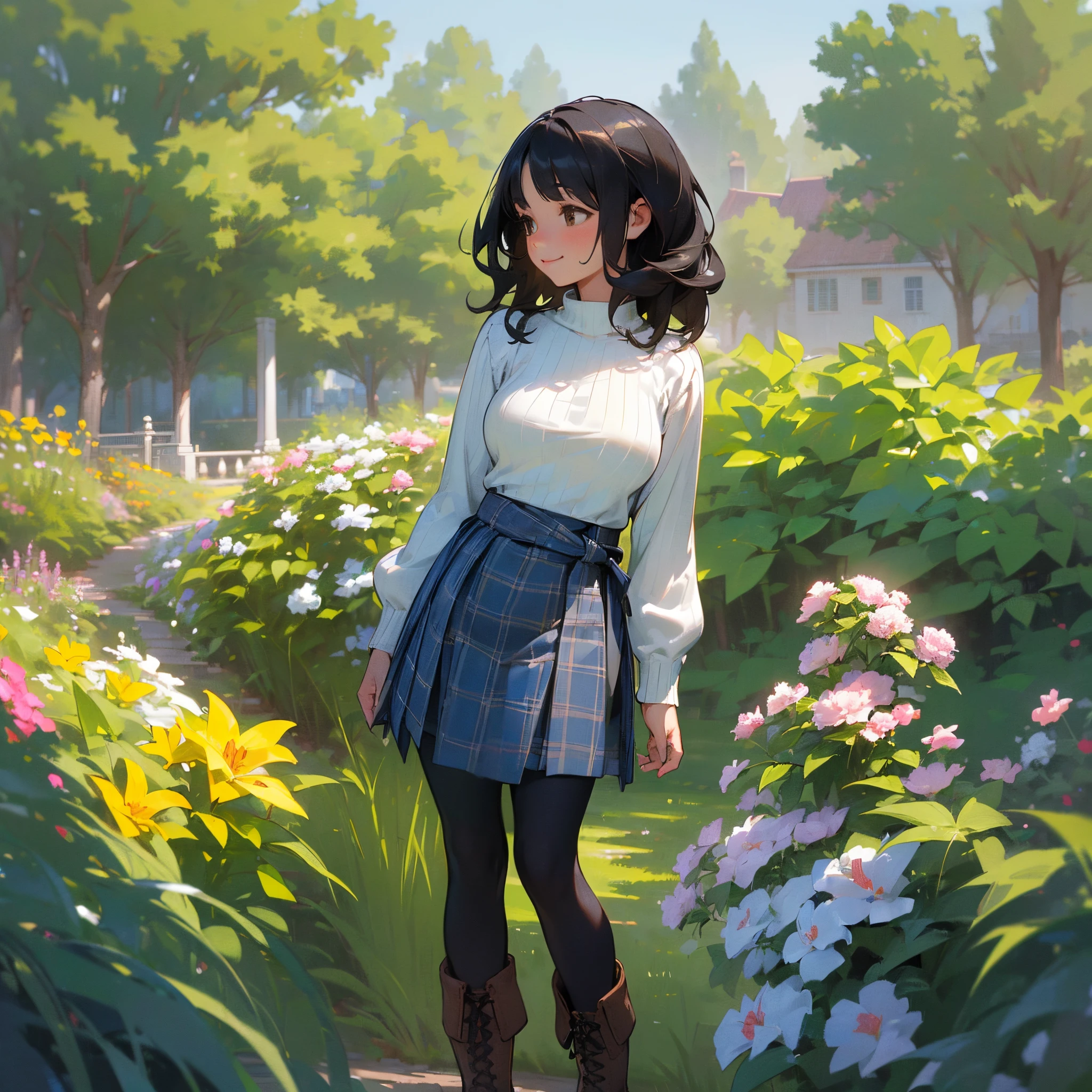 (High quality, High resolution, Ultra-detailed, Realistic:1.37), peaceful ambiance, (plein air, garden), Teenage girl standing alone, (My breasts are big.), Beautiful detailed features, Cute smile, (Black bob hair), Ribbed sweater, blue plaid skirt, Black tights, Brown boots.