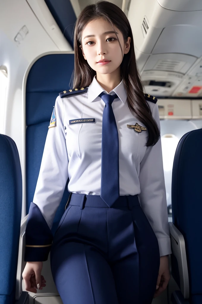 Araaf woman in uniform poses on a plane wearing a tie., Plain uniform sky on the back, JK Uniform, girl wearing uniform, Pilot suit, Cute Pilot Girl, Plain sky uniform, bottom angle, Pilot Girl, Plain sky uniform, close up shot, blue uniform, korean girl, sakimi chan, White uniform, jaeyeon nam, Business Apparel, korea