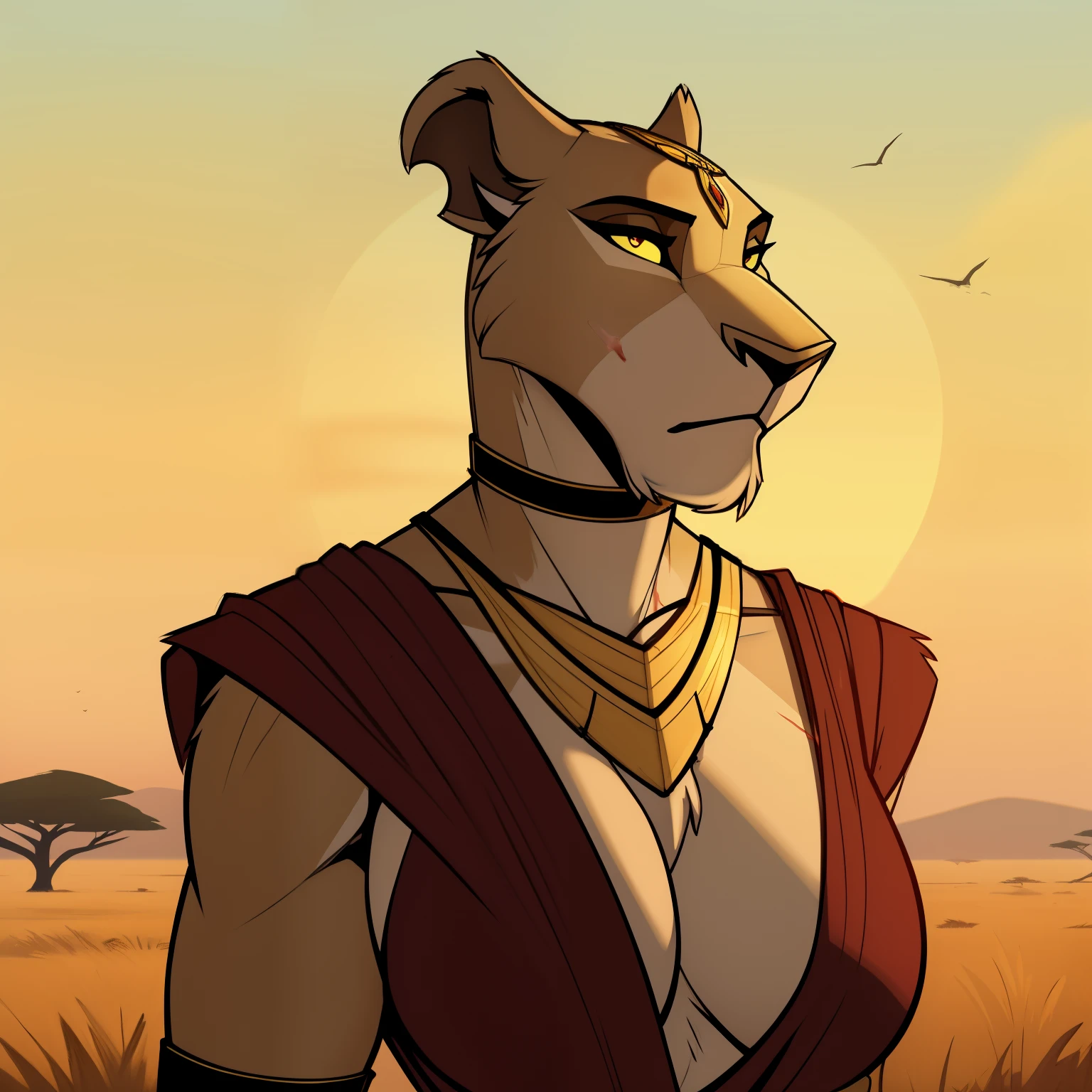 Tall_muscular_lion female scars green_irises yellow_sclera hazy_sky savanna solo Masterpiece best_quality absurdres highly_detailed cleanly_drawn_eyes anthro_only by_claweddrip, by_greasymojo, by_underscore-b, by_runawaystride circlet bracers gorget neck_hoops hoop_earrings medieval_gown