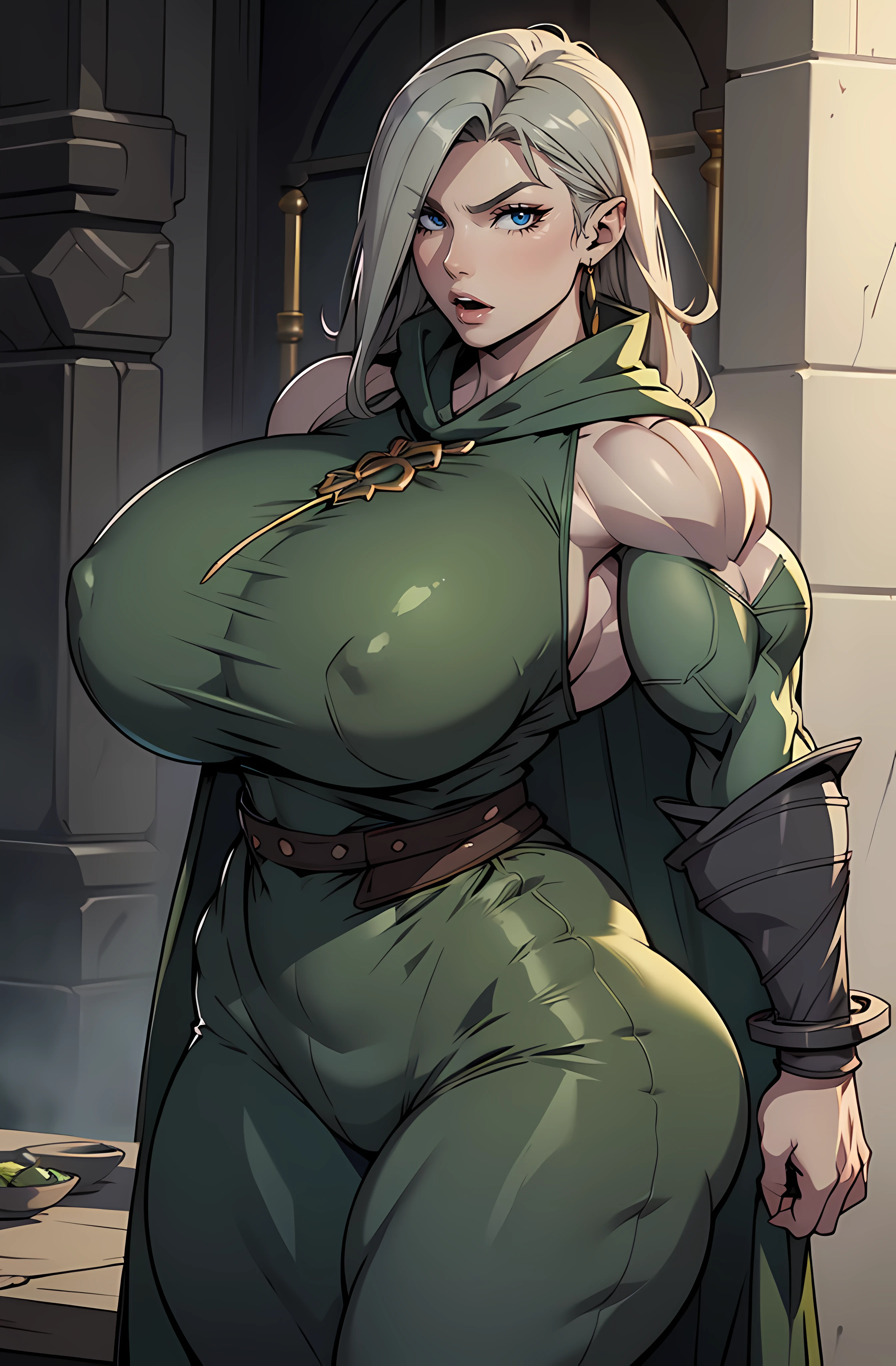 Solo, female, standing, green cloak, pale skin, blue eyes, dark grey hair, open mouth, lipstick, tired eyes, eyeliner, thick eyelashes, nose ring, big breasts, tunic, pants, ((((huge muscles))))