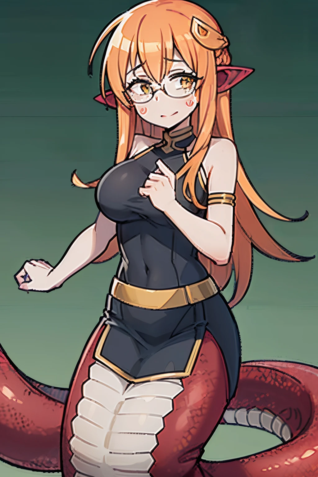 ((melhor qualidade, 8k, best resolution, perfect quality, ultra detalhado, sharped image)), lamia, pele oleosa, pele suado, roupas molhadas, 1girl, sozinho, cabelos pretos, corar, braided hair, glasses, seios grandes, Uniforme escolar, Estudante, saia,