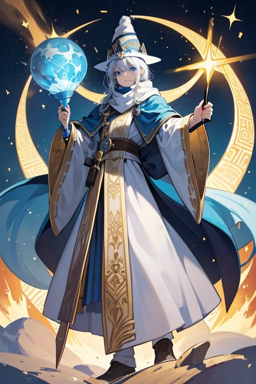 Wizard Cookie is a Cookie of a petite height and indiscernible build. His dough is a light brown color. He has cerulean blue eyes, but his right eye is covered by his white hair. He wears a wizard hat with a light brown waffle cone brim. Near the point of the hat is a dark navy color with yellow stars. He wears a white scarf almost resembling an archetypal wizard's beard.
He wears a dark navy robe, with the bell sleeves having a white line near the edge. His Candy Wand is as tall as he is, having a wooden handle; the orb of the wand is similar in shape to a candy and is light blue with golden stripes.