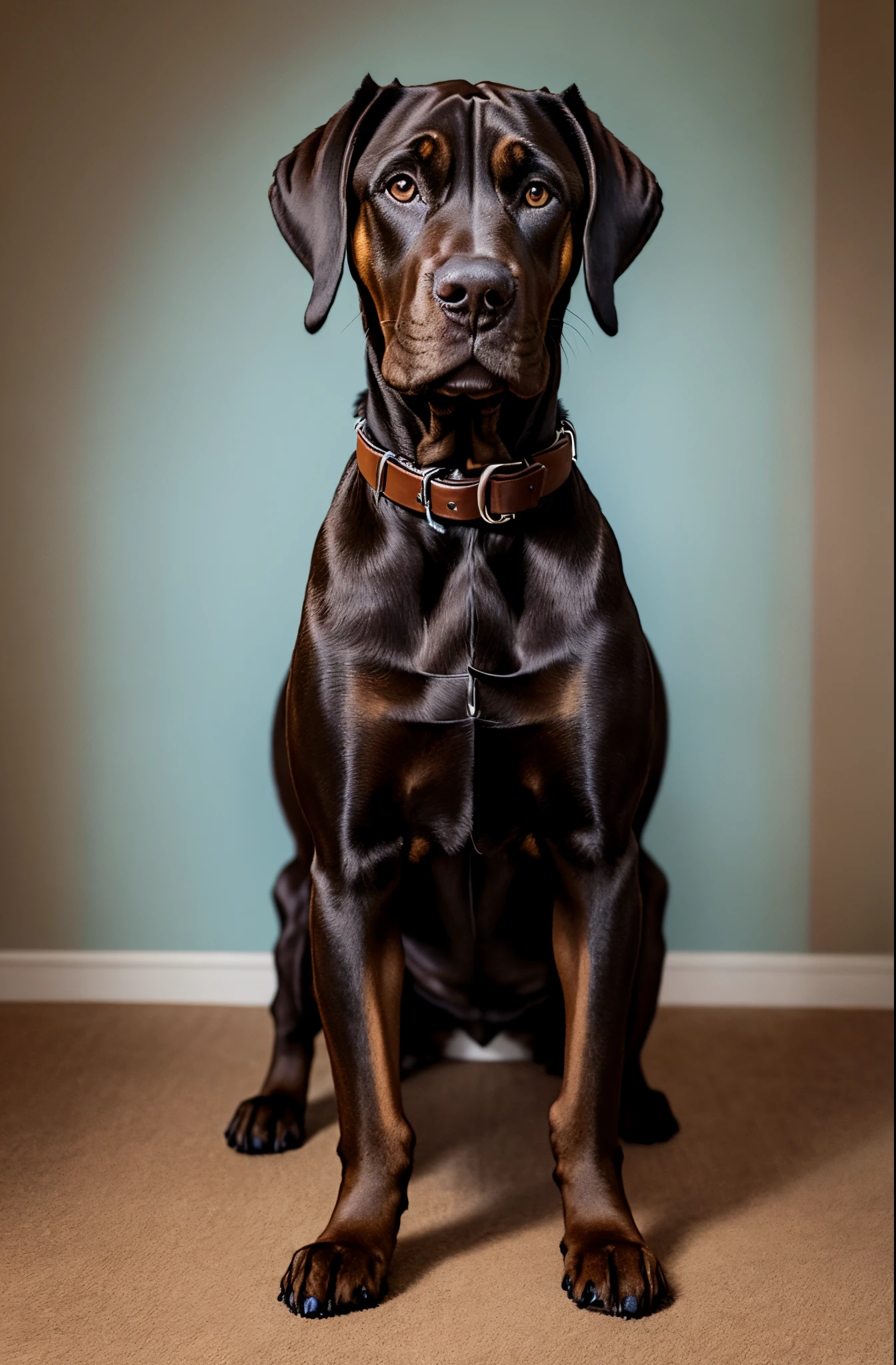 Scooby Doo, a Brown Great Dane dog with a blue collar, full body portrait