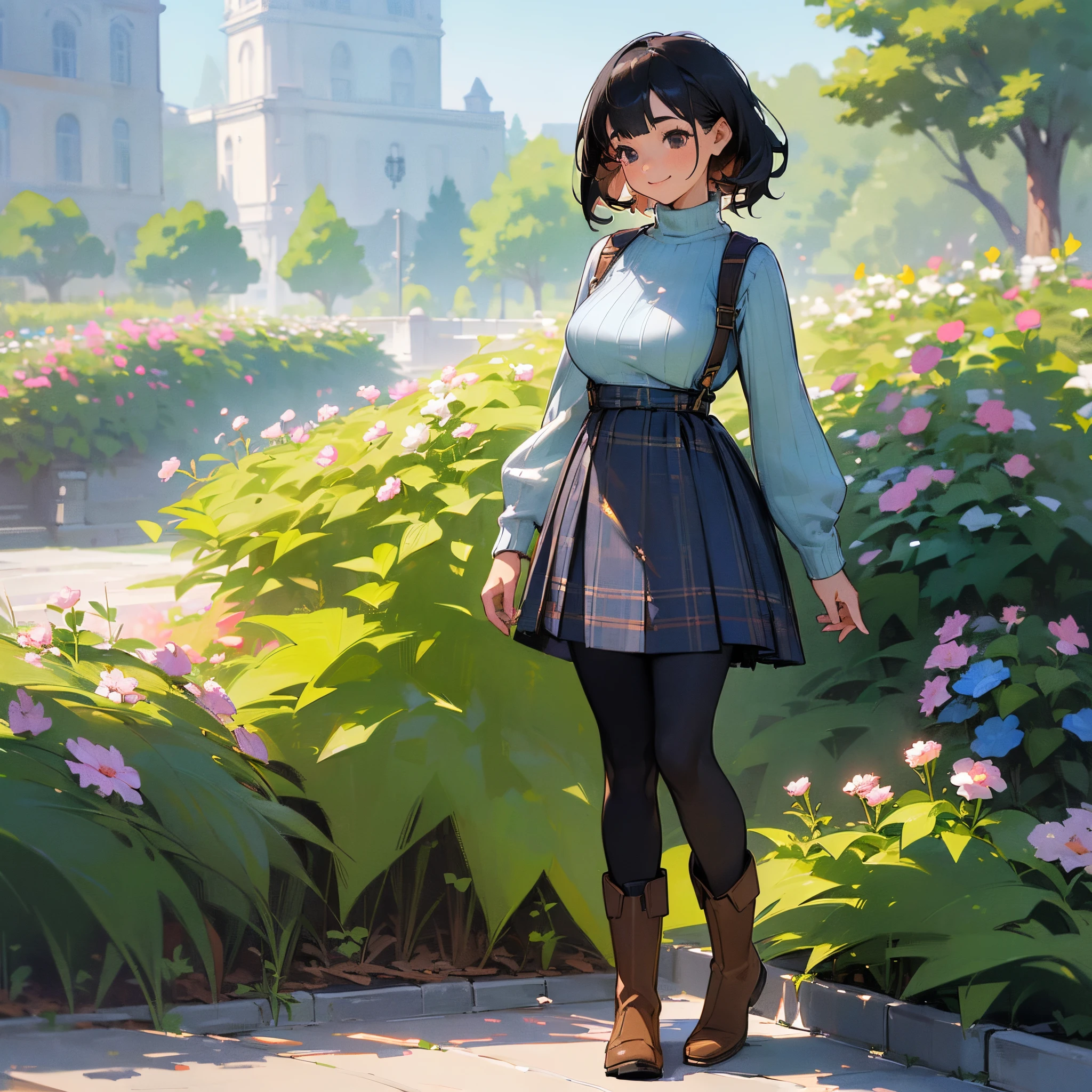 (High quality, High resolution, Ultra-detailed, Realistic:1.37), peaceful ambiance, (plein air, garden),  girl standing alone, (My breasts are big.), Beautiful detailed features, Cute smile, (Black bob hair), Ribbed sweater, blue plaid skirt, Black tights, Brown boots.