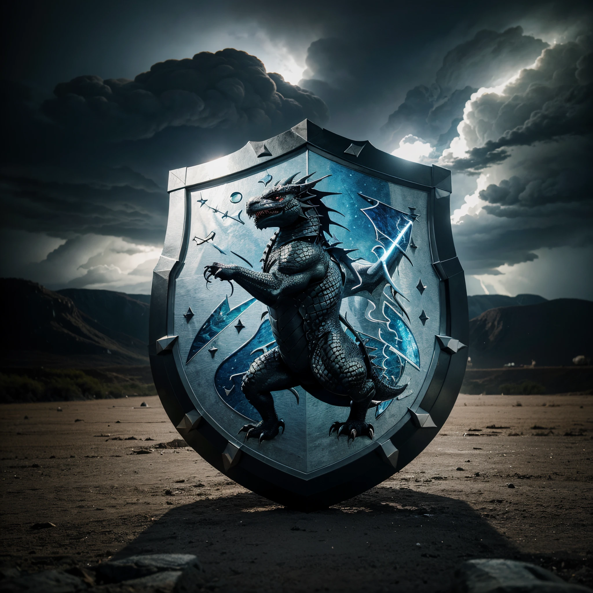 /imagine prompt: Illustration of the magic shield with a dragon for a sticker with a background with a storm with thunder, em negrito estilo de contorno, bordas irregulares, lixo, sombreamento claro --v 5.2